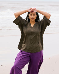 Elio V-Neck Linen Blend Top - Camo