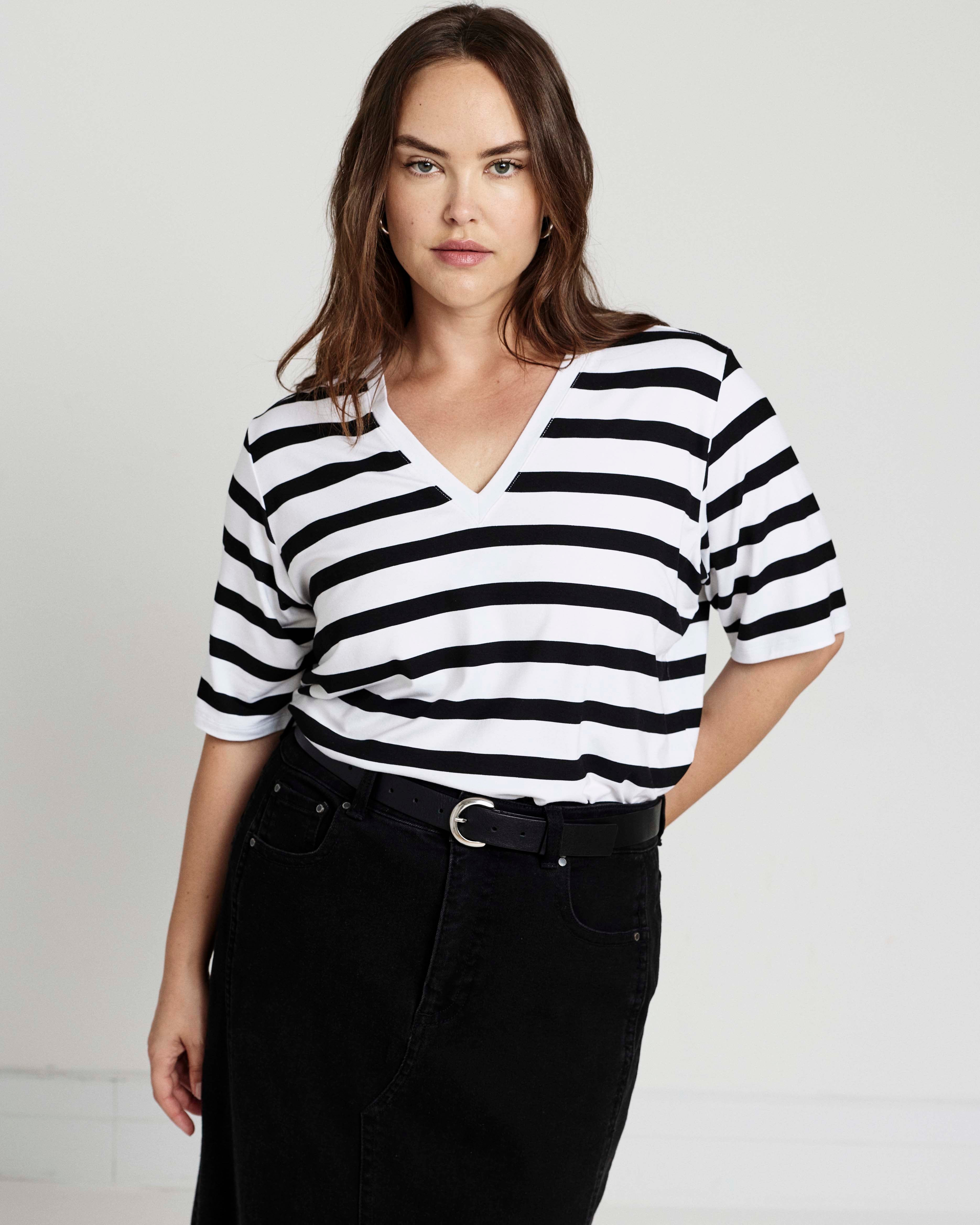 Maia Stovepipe Sleeve V Neck Tee - Black/White Stripe