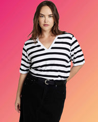 Maia Stovepipe Sleeve V Neck Tee - Black/White Stripe