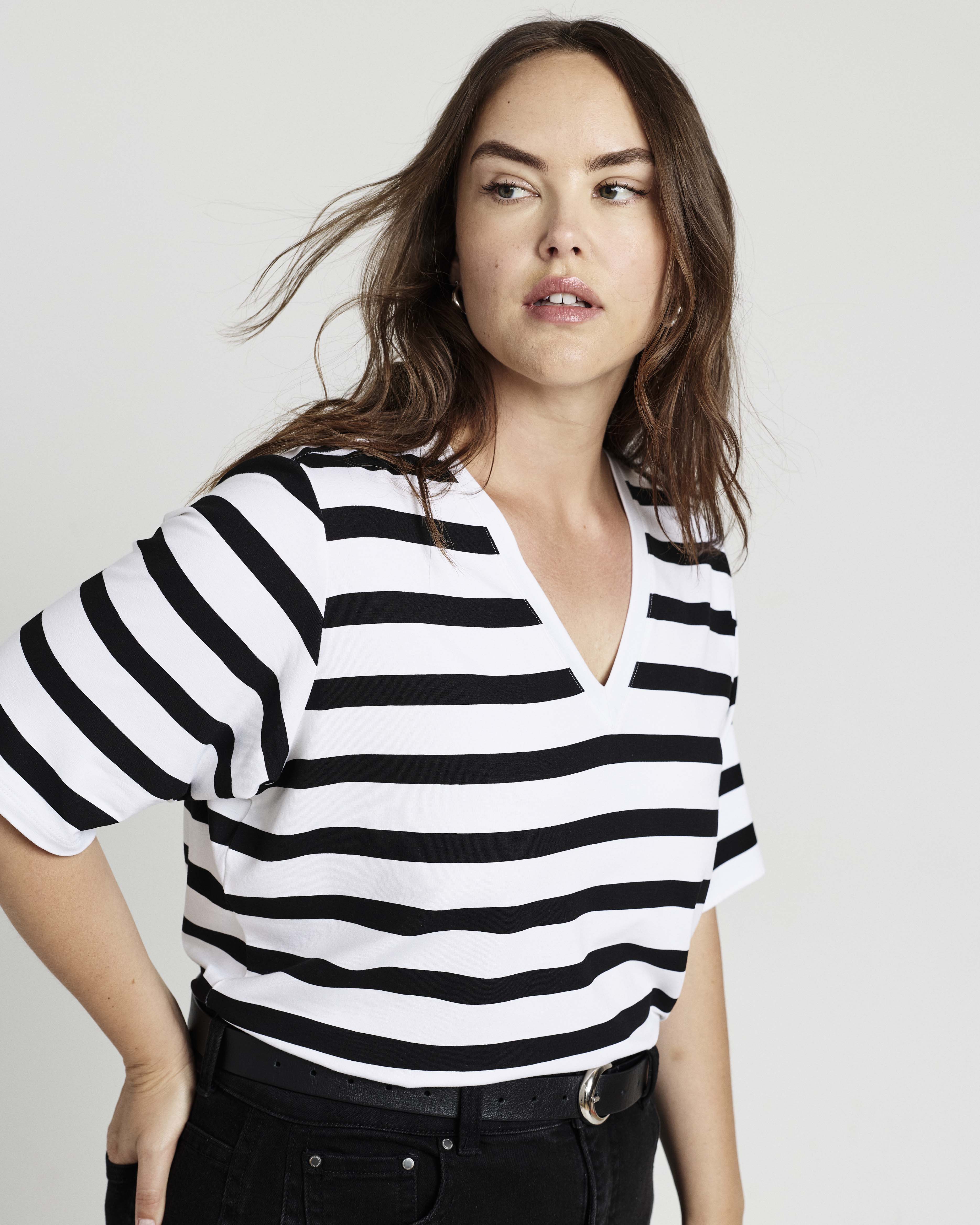 Maia Stovepipe Sleeve V Neck Tee - Black/White Stripe
