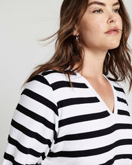 Maia Stovepipe Sleeve V Neck Tee - Black/White Stripe