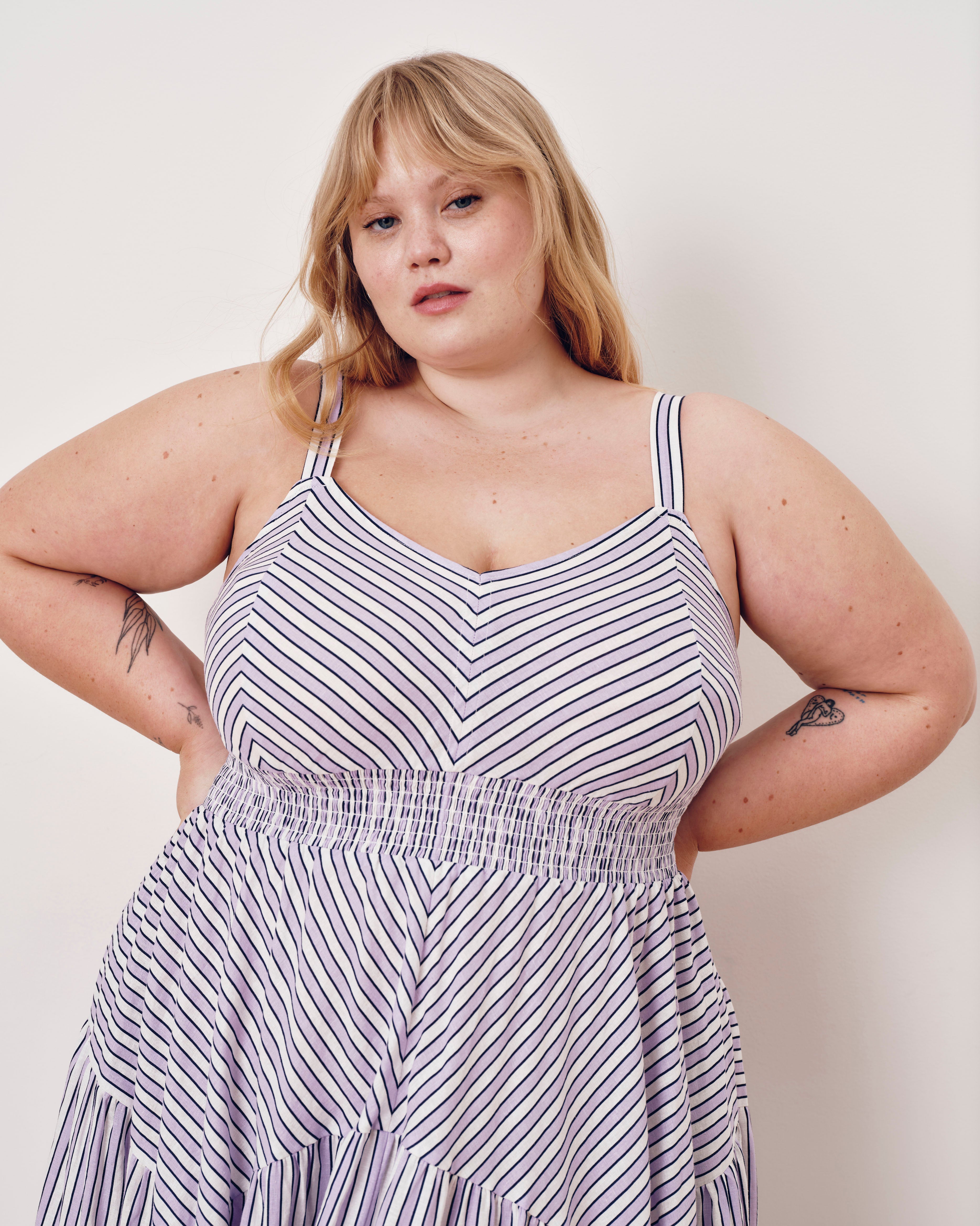 Ruby Smocked Linen Blend Sundress - Lilac Stripe Print