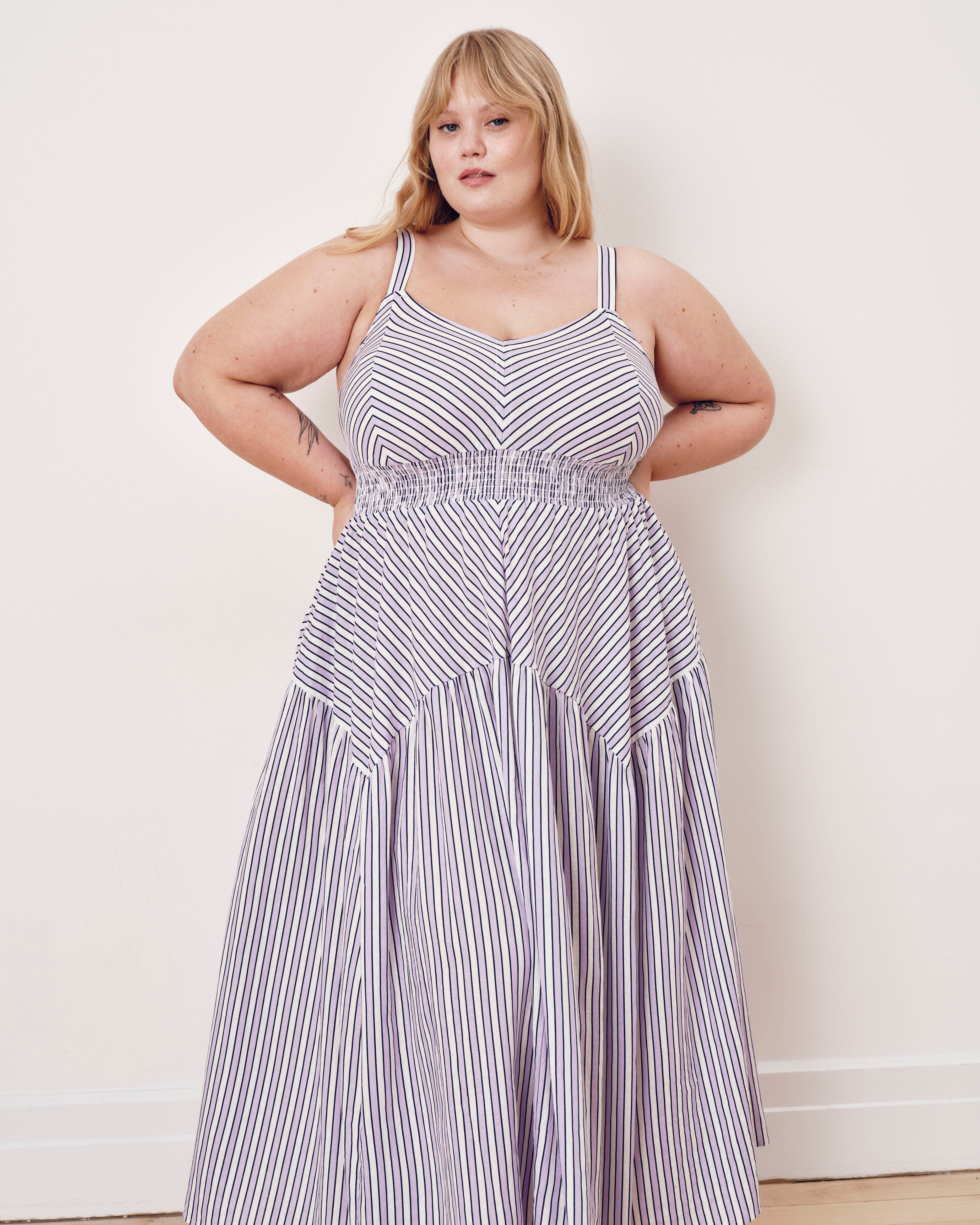 Ruby Smocked Linen Blend Sundress - Lilac Stripe Print