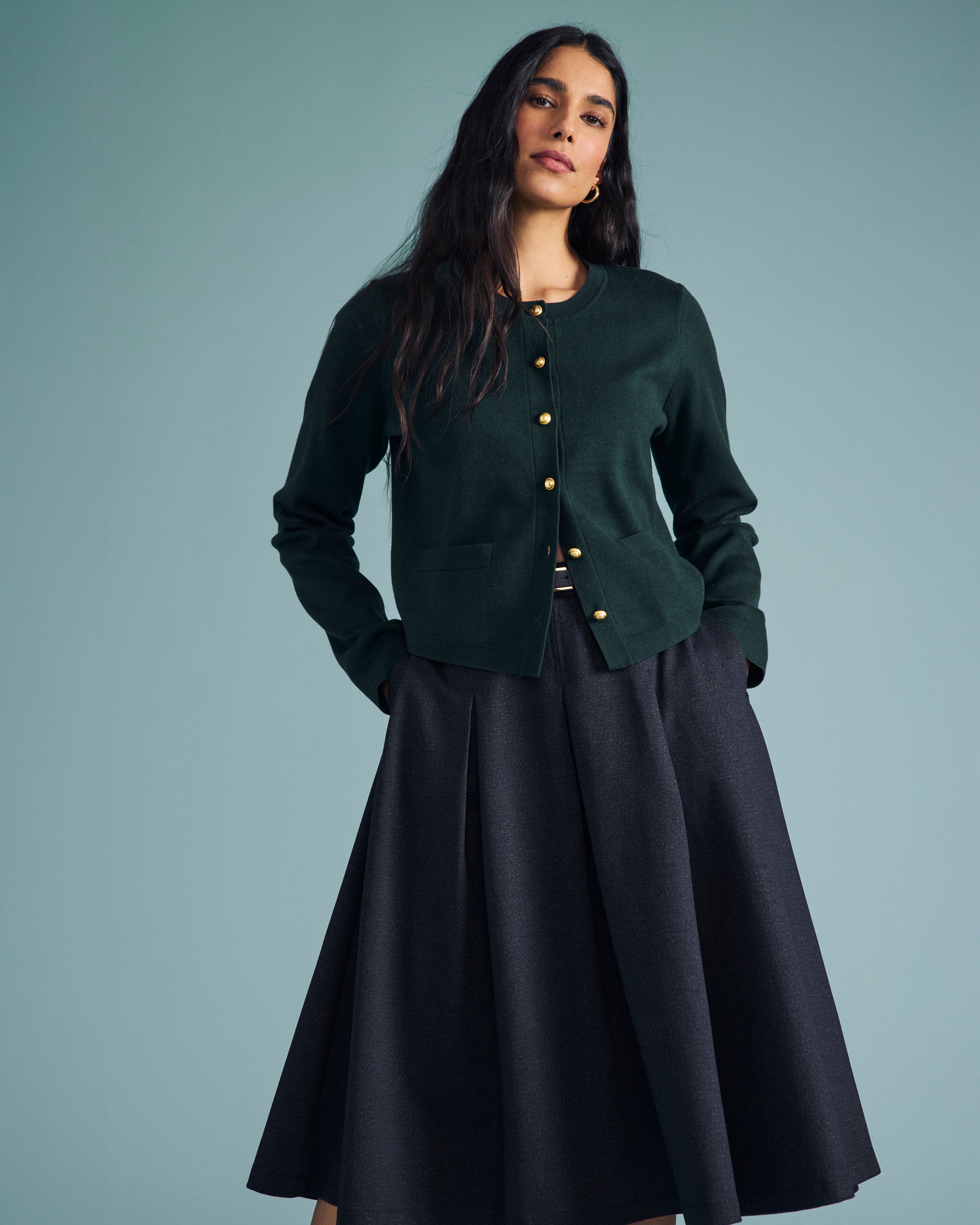 PowerPonte Denim Pleated Skirt - Charcoal