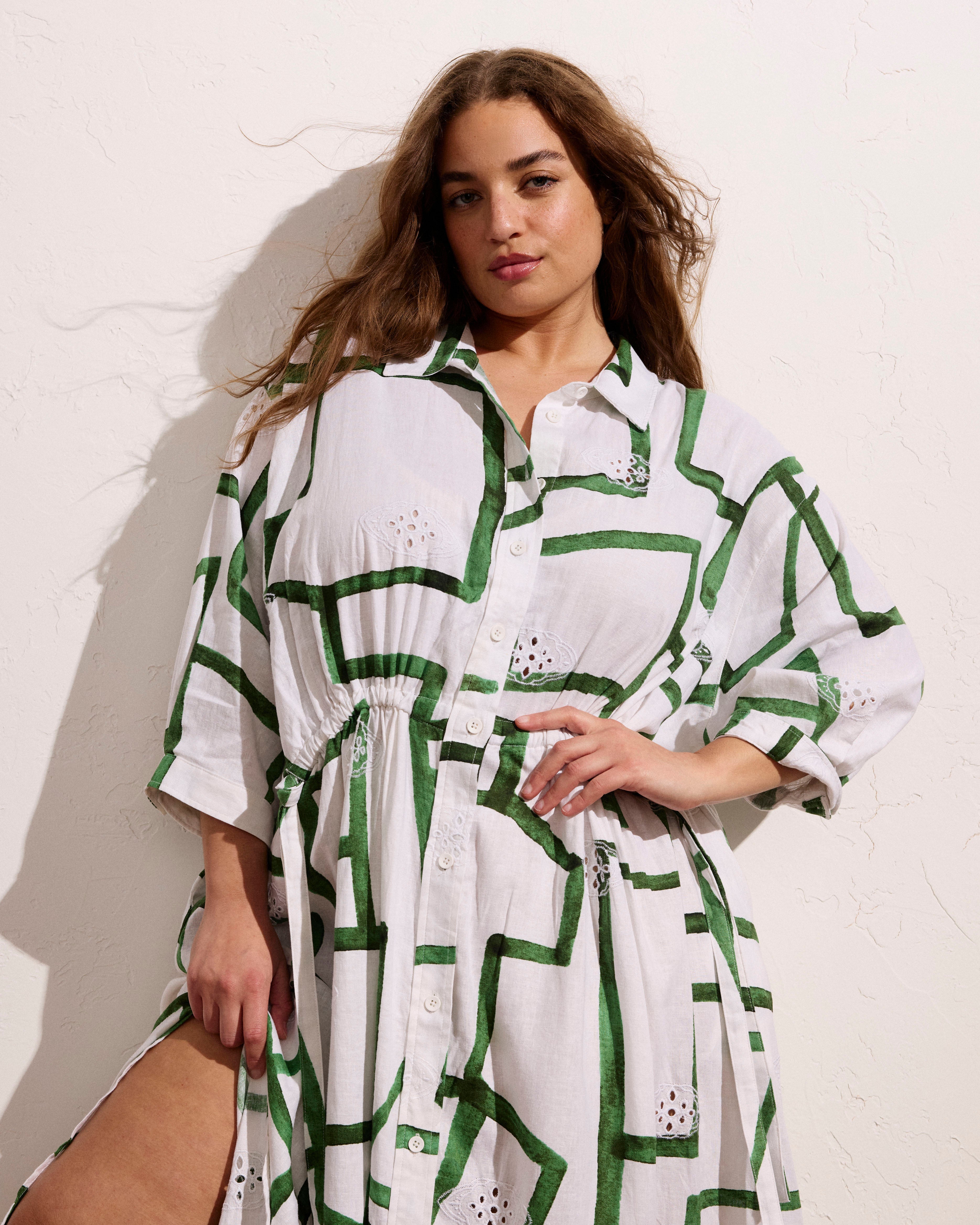 Paros Drawstring Linen Blend Shirtdress - Green Paint Print