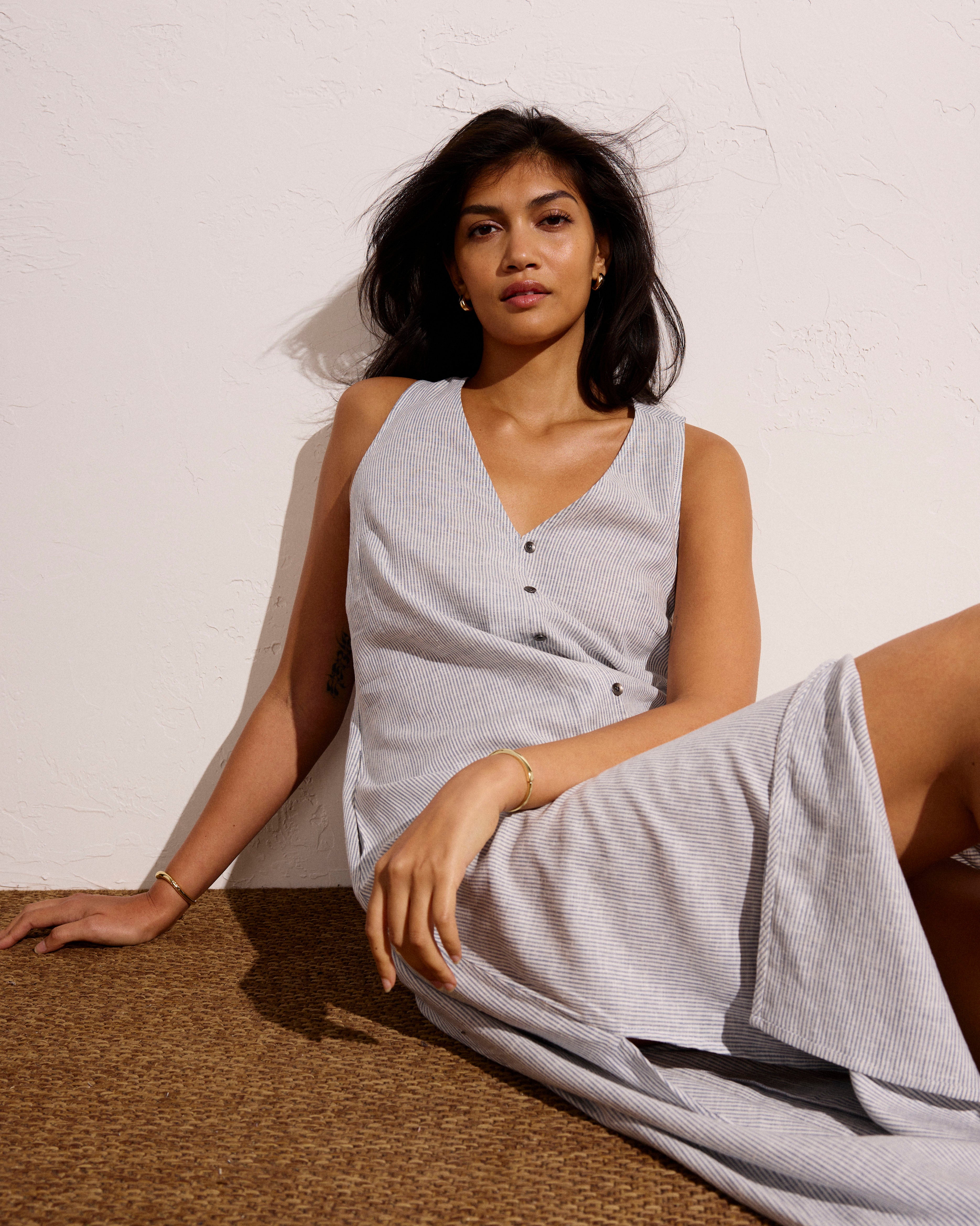 Islet Button-Down Linen Blend Maxi Dress - Beach Stripe