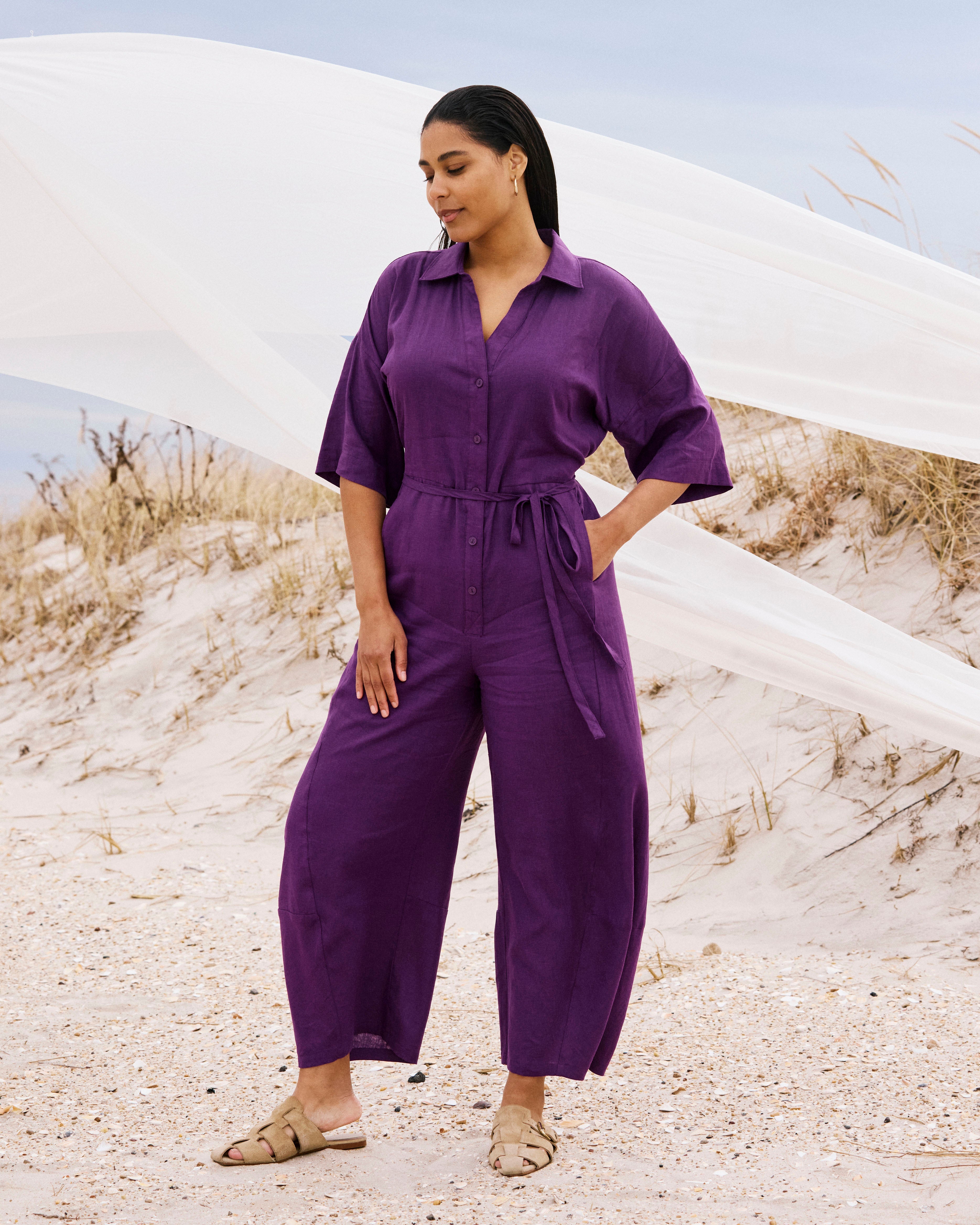 Maggie Barrel Leg Linen Blend Jumpsuit - Dreamy Purple