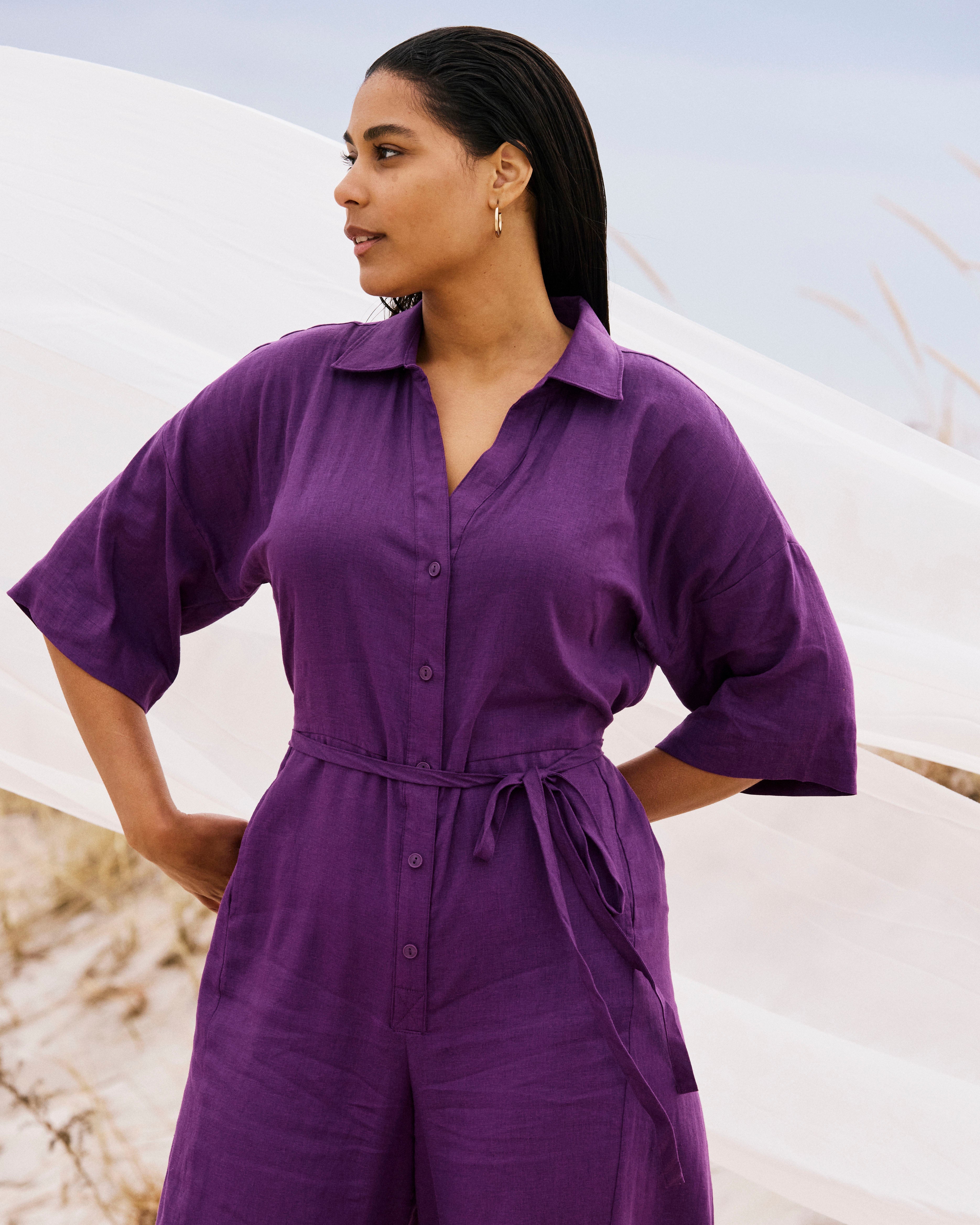 Maggie Barrel Leg Linen Blend Jumpsuit - Dreamy Purple