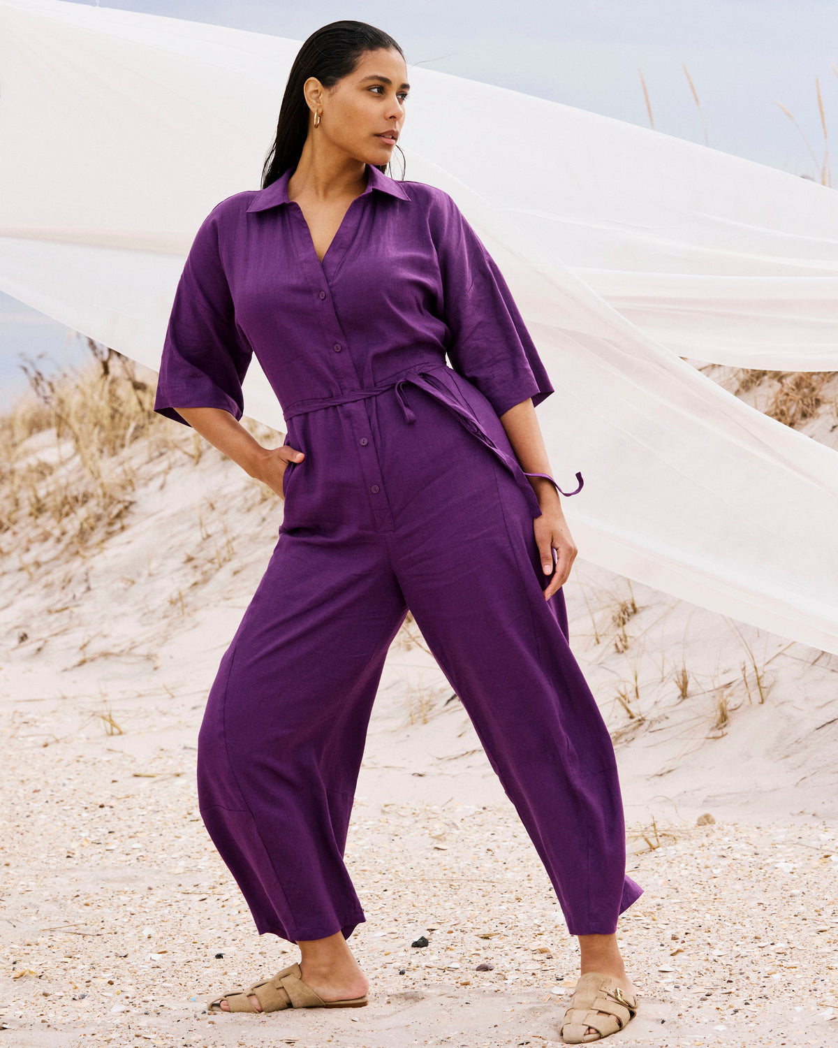 Maggie Barrel Leg Linen Blend Jumpsuit - Dreamy Purple