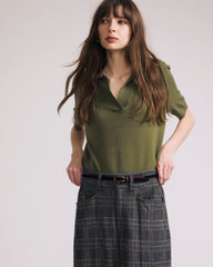 Savvy Fine Knit Short Sleeve Polo Sweater - Olive Leaf