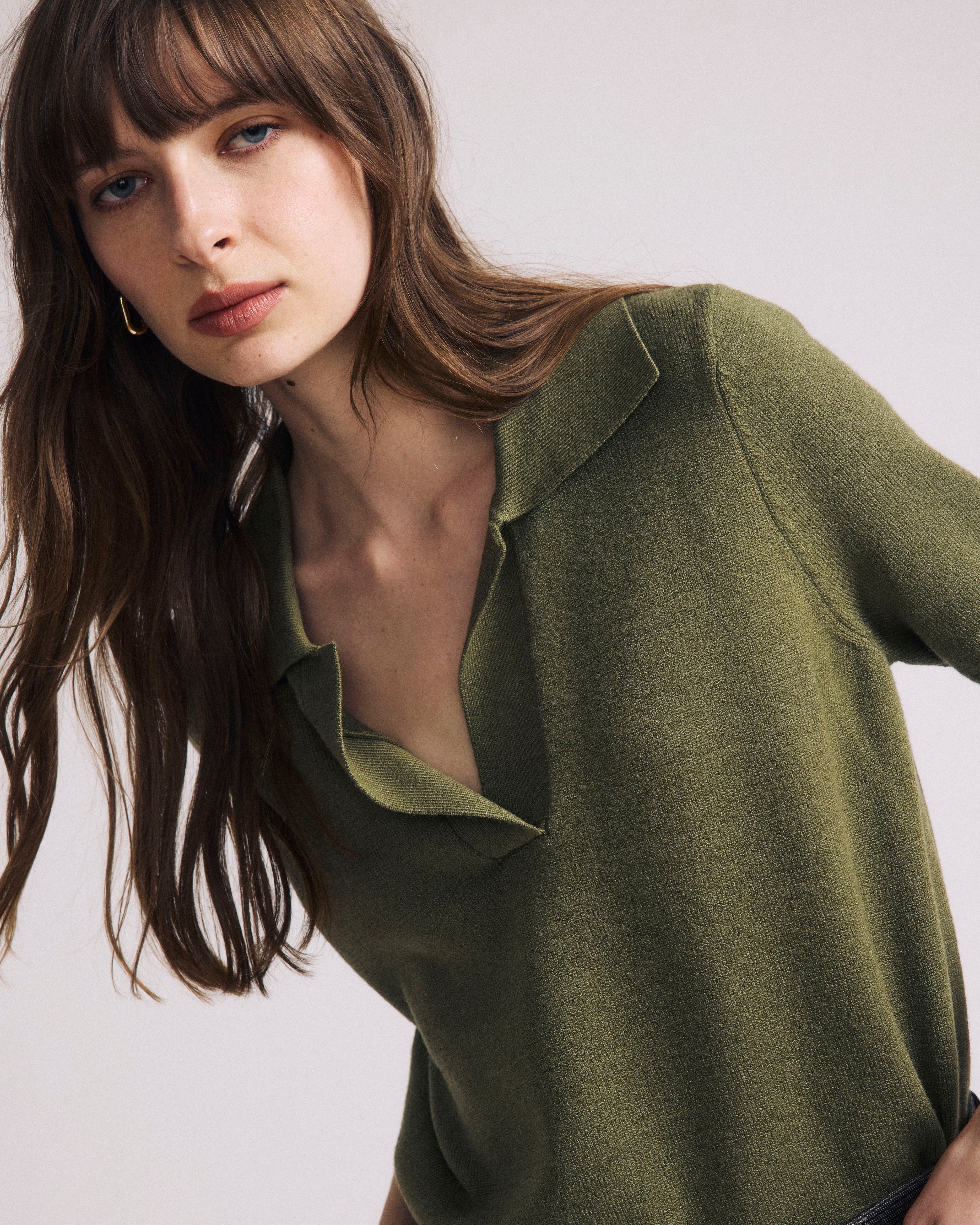 Savvy Fine Knit Short Sleeve Polo Sweater - Olive Leaf