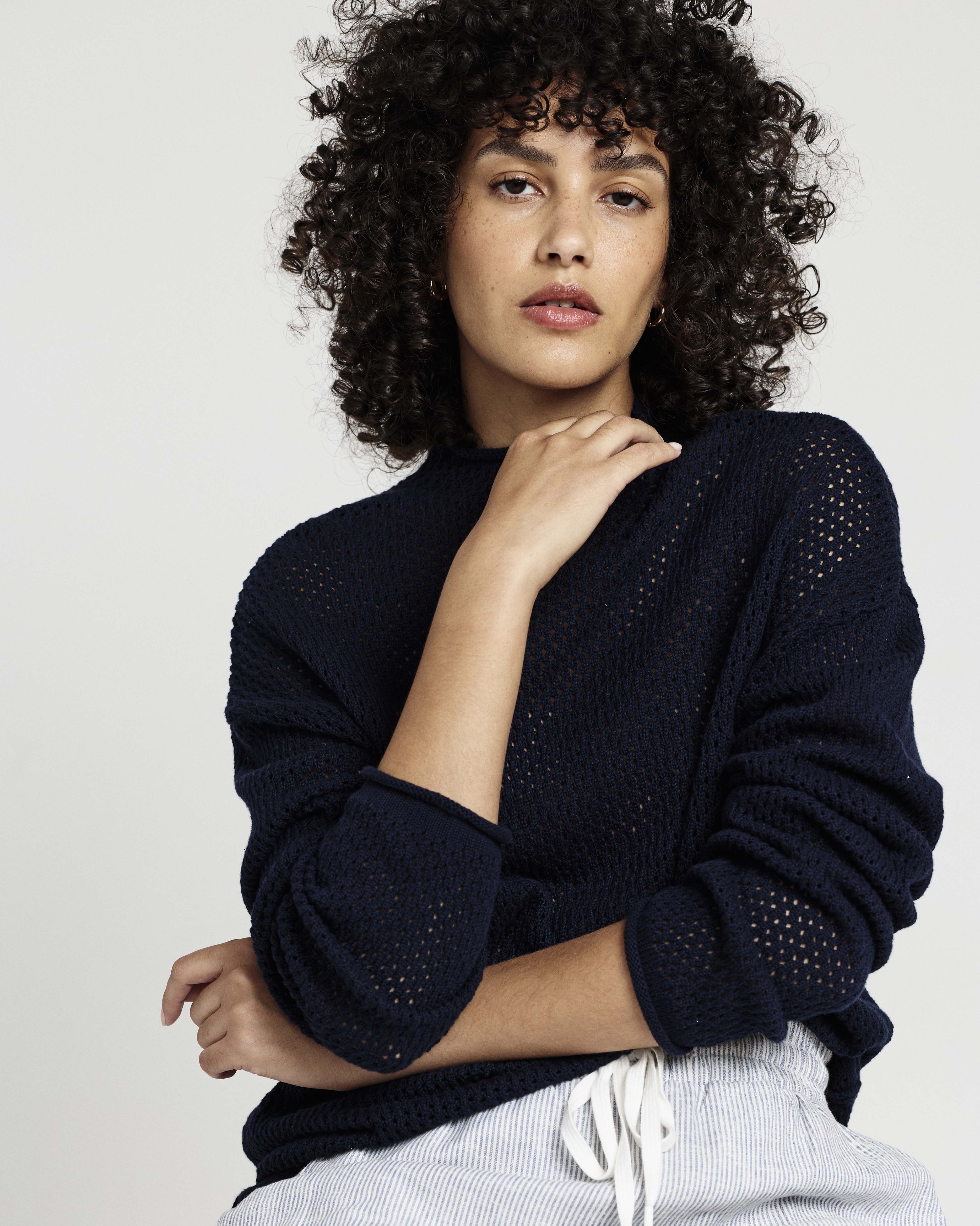 Positano Pointelle Mock Neck Sweater - Navy