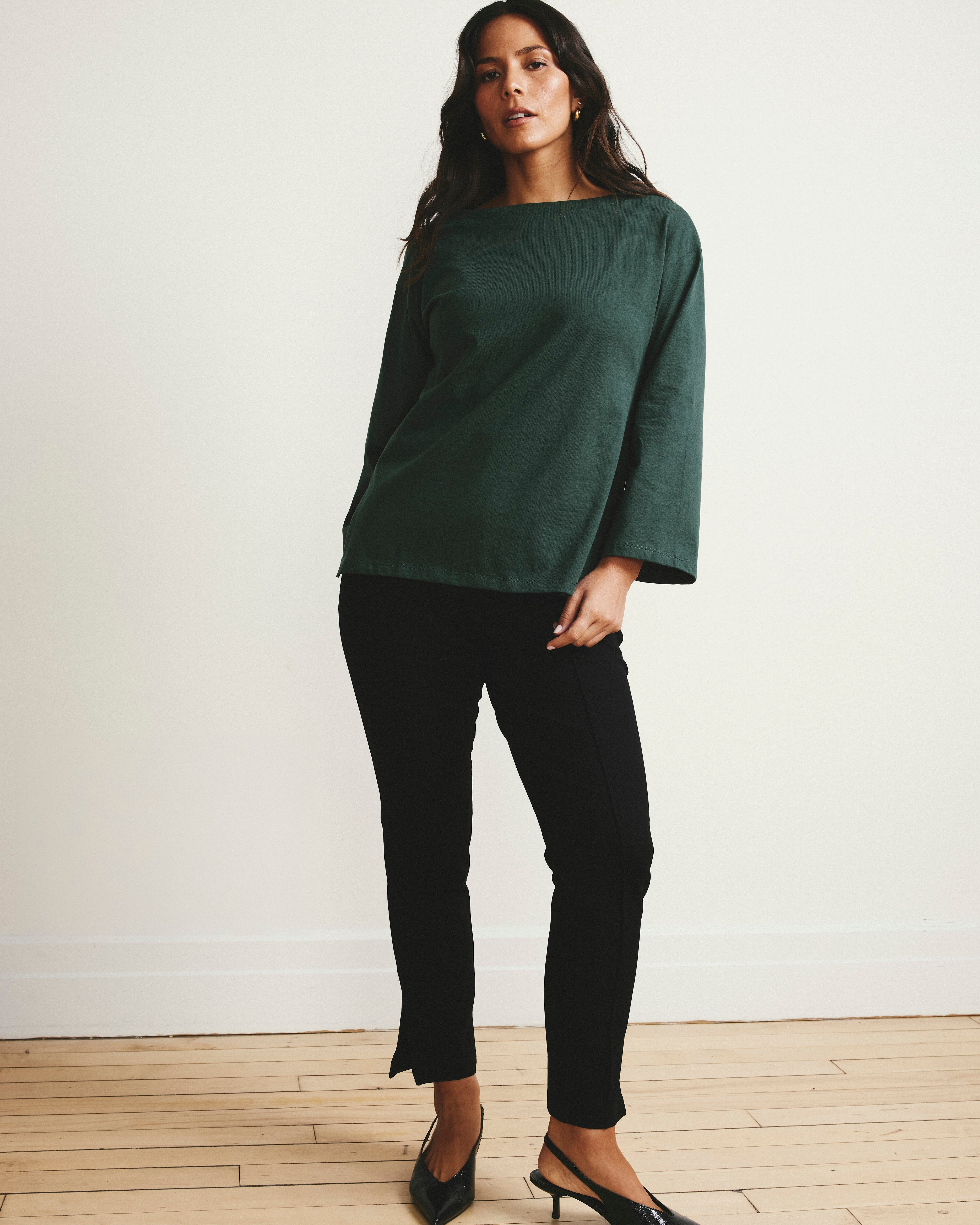 Montauk Breton Stripe Bell Sleeve Top - Solid Conifer