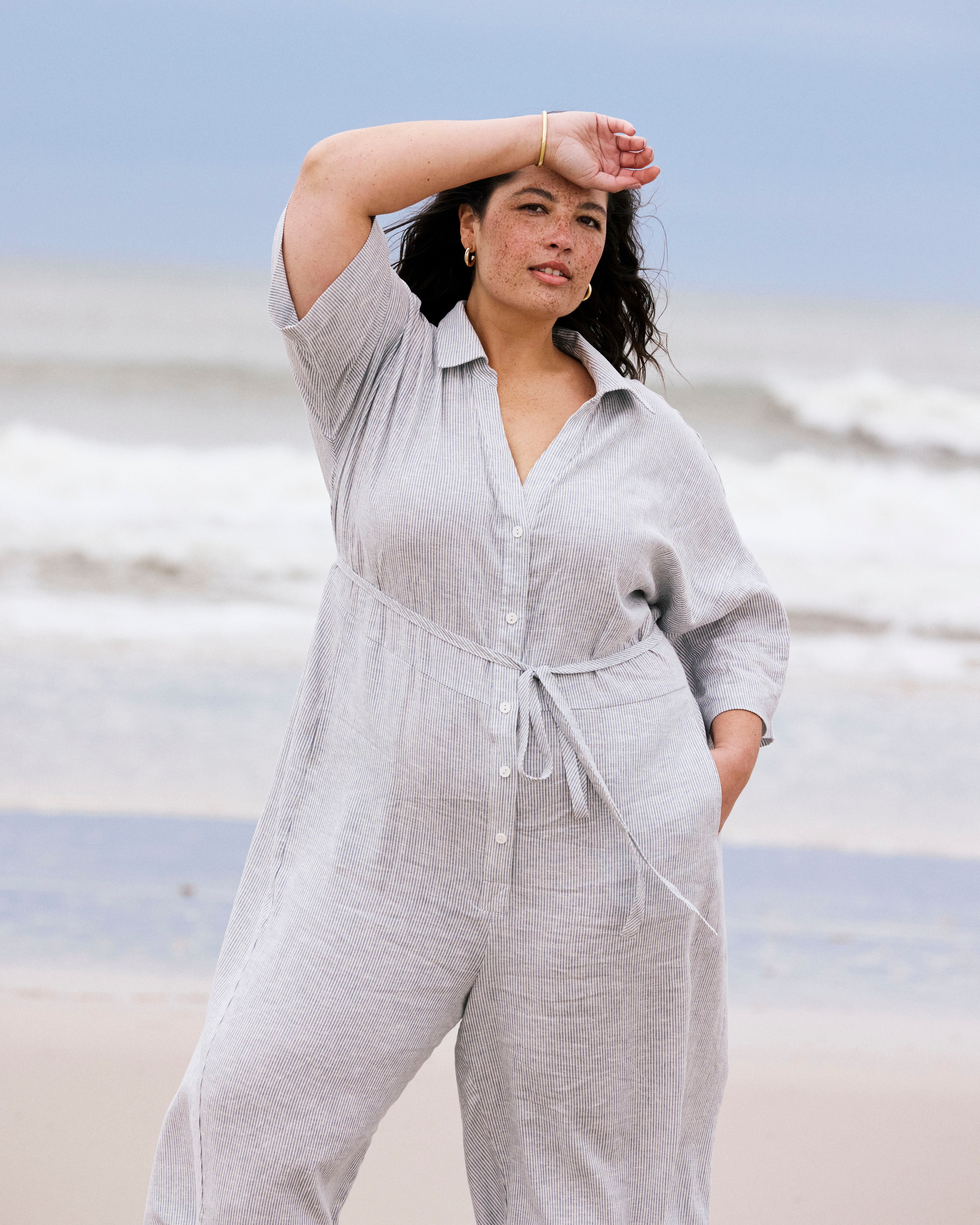 Maggie Barrel Leg Linen Blend Jumpsuit - Beach Stripe