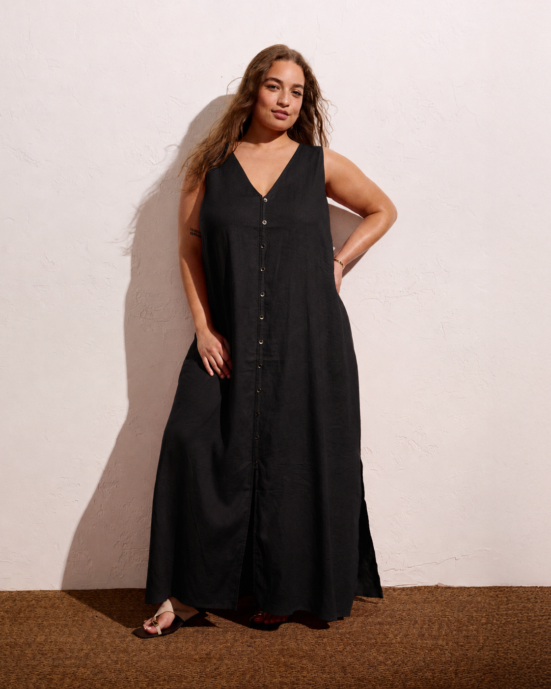 Islet Button-Down Linen Blend Maxi Dress - Black