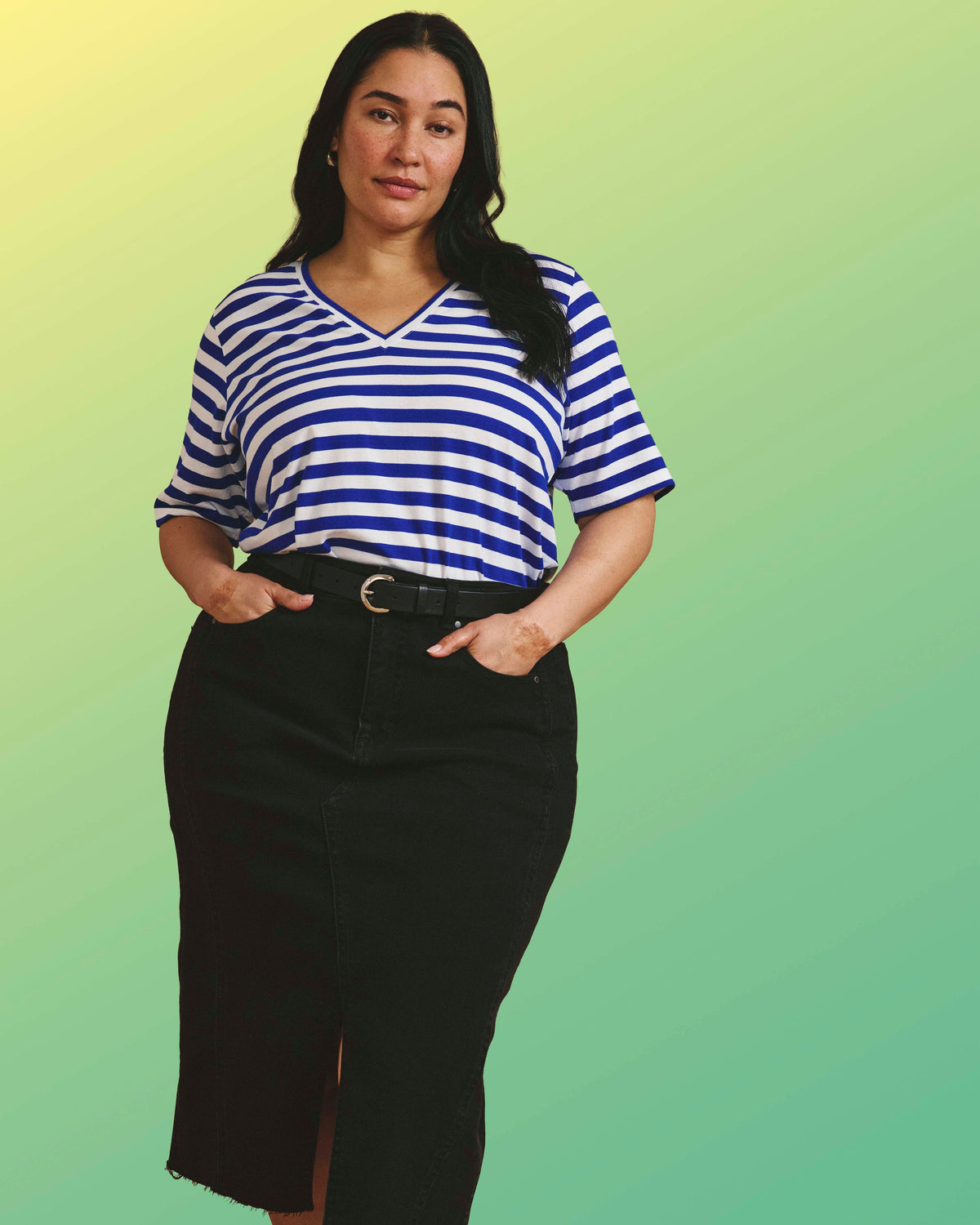 Maia Stovepipe Sleeve V Neck Tee - Hammersmith Blue/White Stripe
