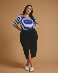 Maia Stovepipe Sleeve V Neck Tee - Hammersmith Blue/White Stripe