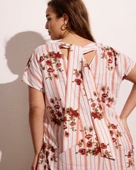 Louvre Bow Back Linen Blend Dress - Wild Flower Bouquet Print on Stripes
