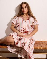 Louvre Bow Back Linen Blend Dress - Wild Flower Bouquet Print on Stripes