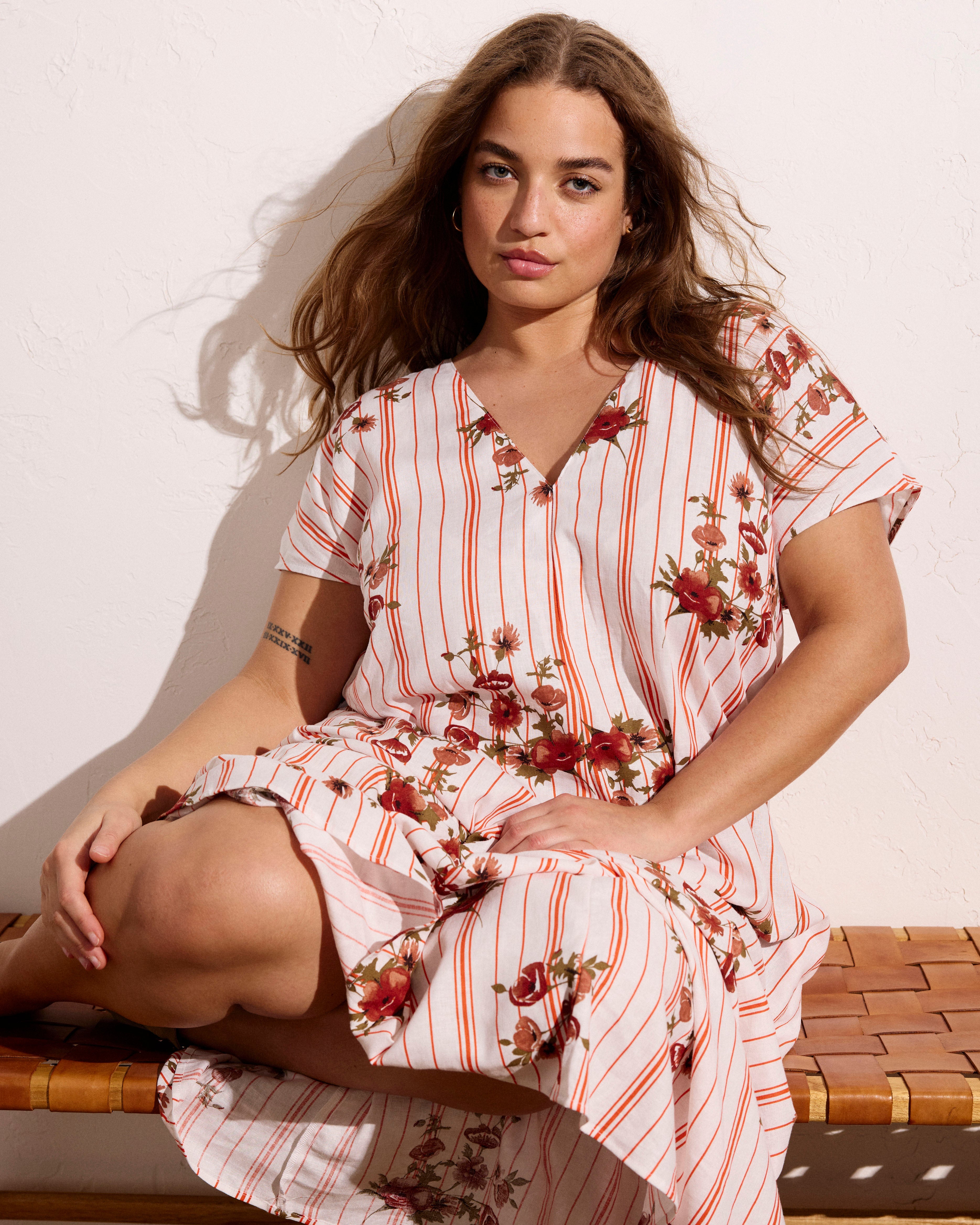 Louvre Bow Back Linen Blend Dress - Wild Flower Bouquet Print on Stripes