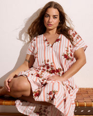 Louvre Bow Back Linen Blend Dress - Wild Flower Bouquet Print on Stripes