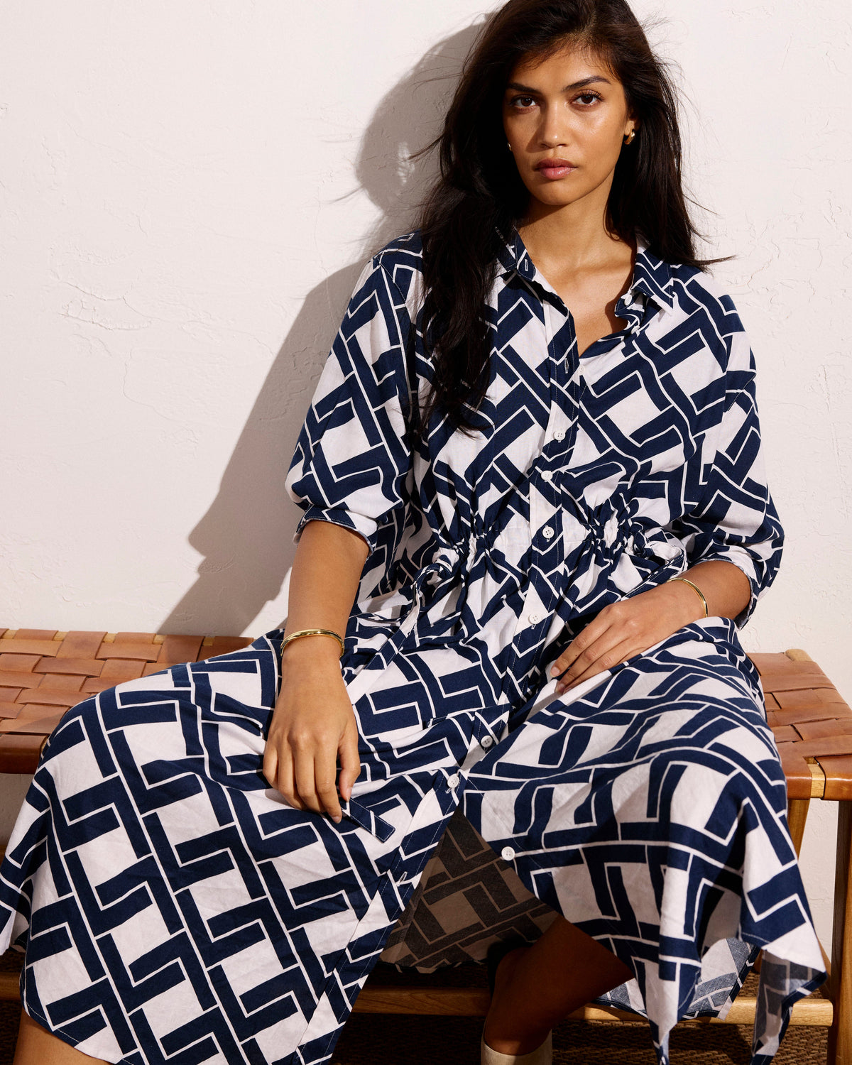 Paros Drawstring Linen Blend Shirtdress - Geometrica Print