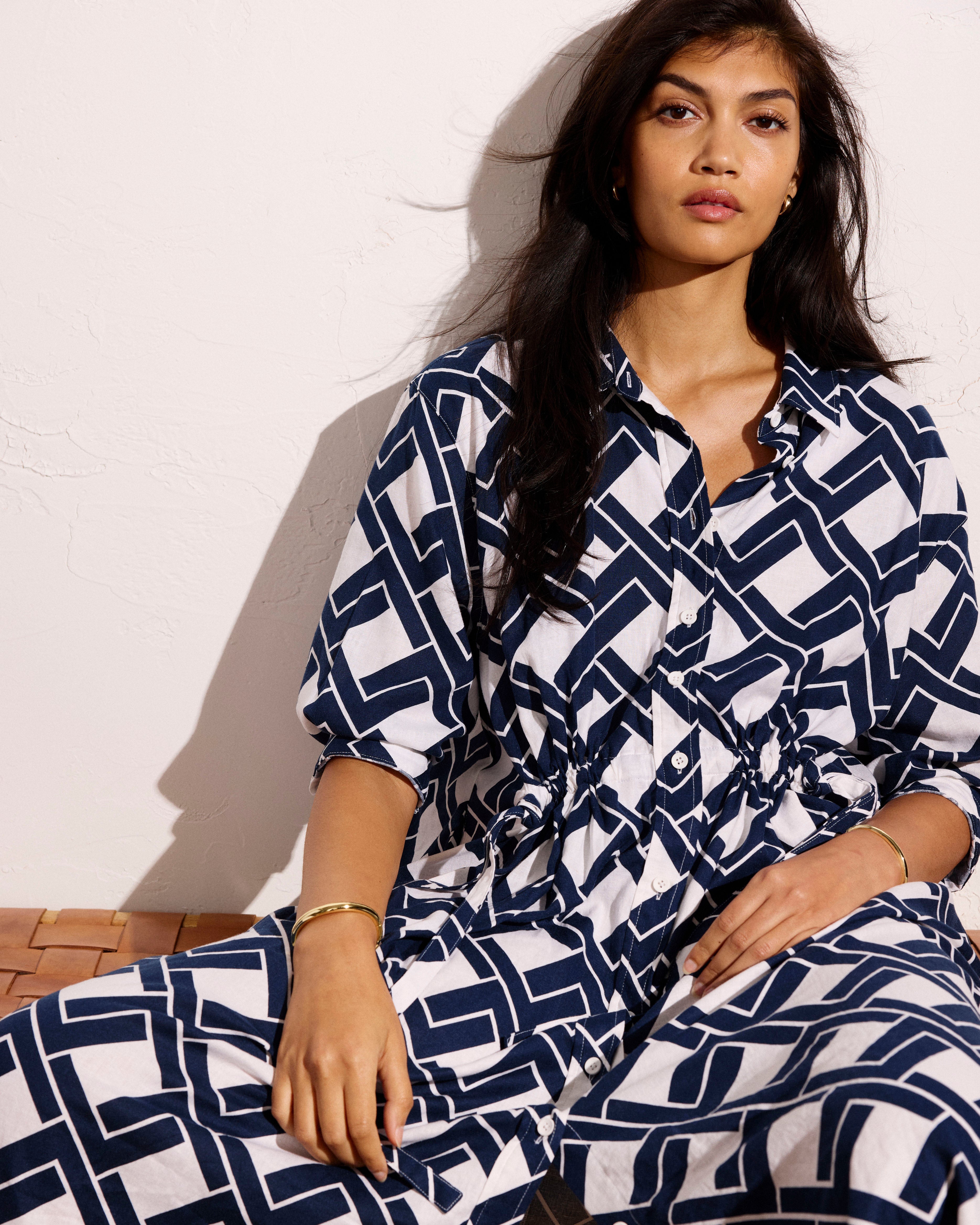 Paros Drawstring Linen Blend Shirtdress - Geometrica Print