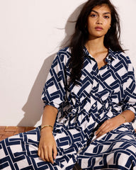 Paros Drawstring Linen Blend Shirtdress - Geometrica Print