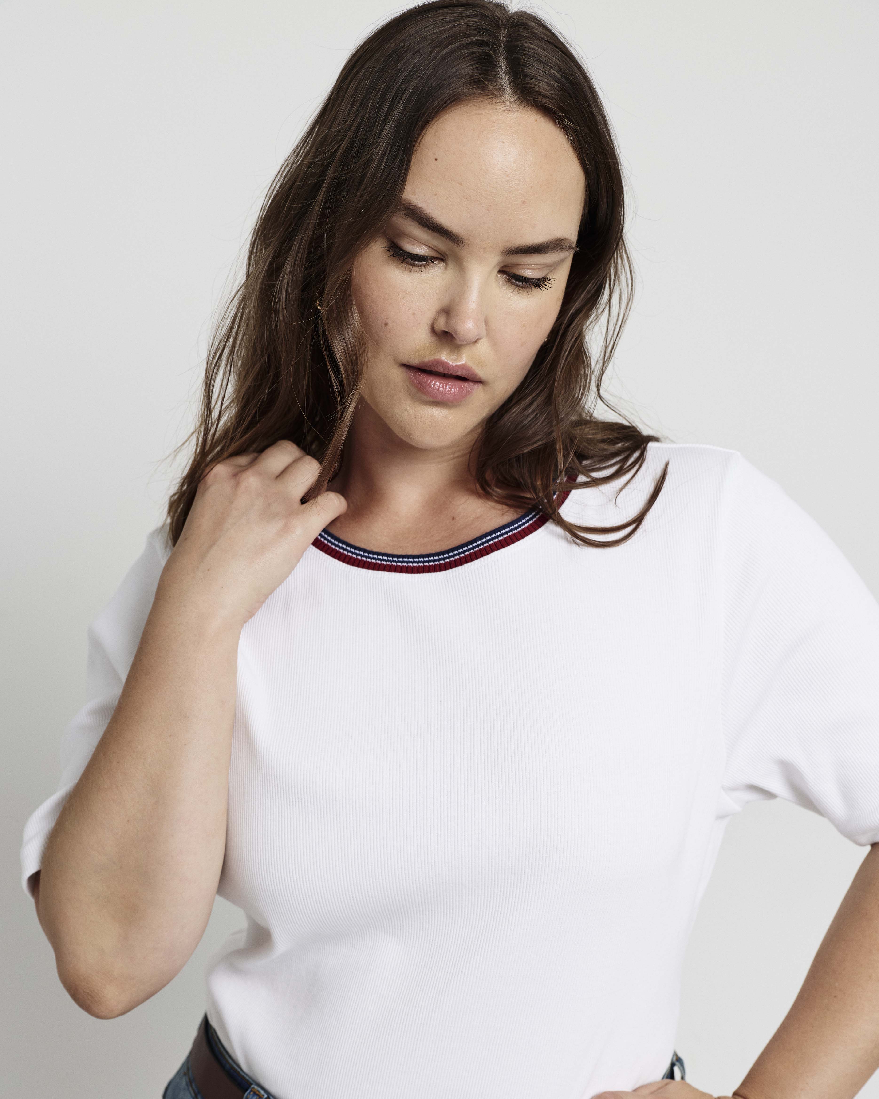 Classic Ribbed Tee - White/Striped Trim