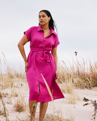 Sandy Stretch Linen Blend Shirtdress - Hyper Pink