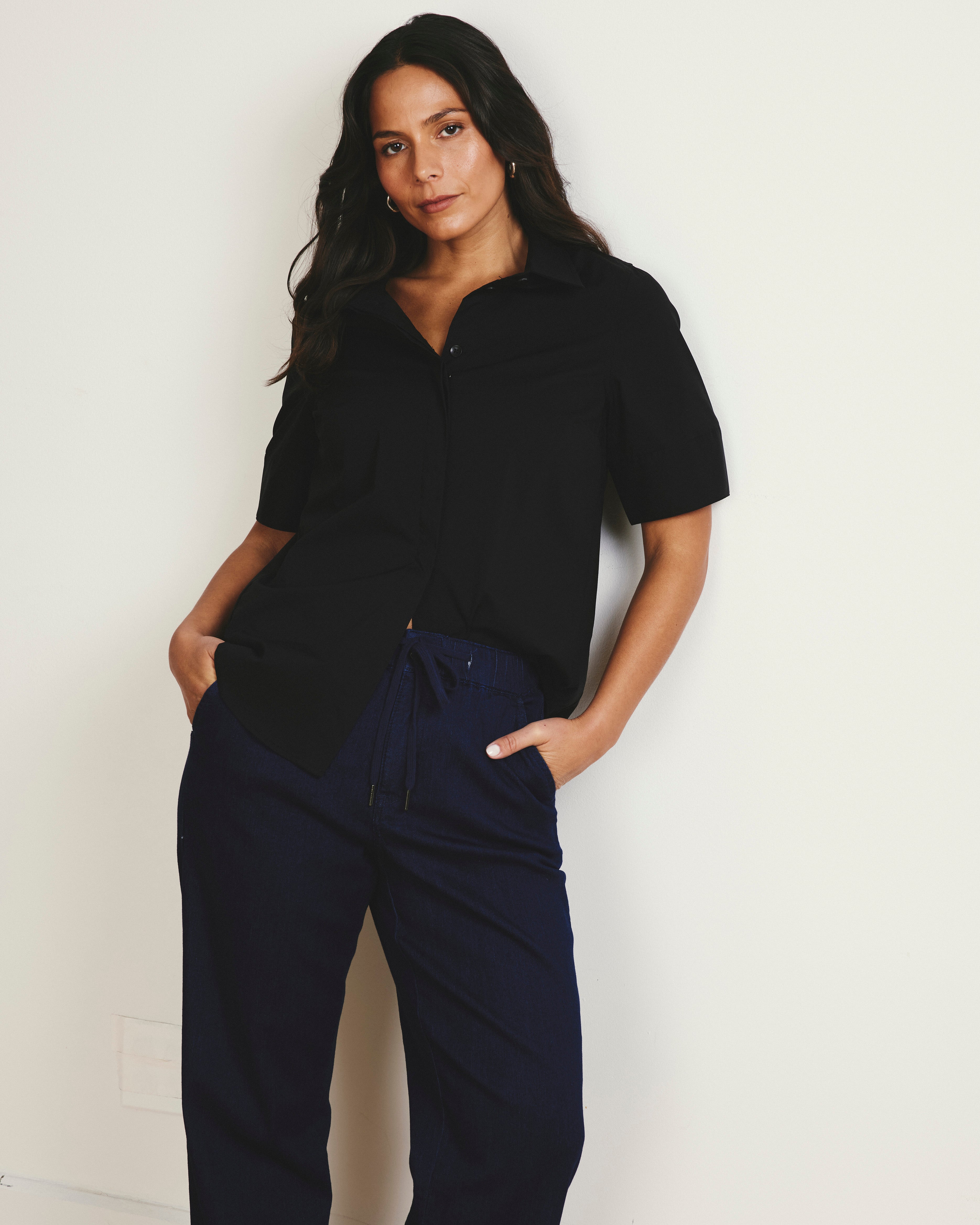 Elbe Stretch Poplin Short Sleeve Shirt - Black