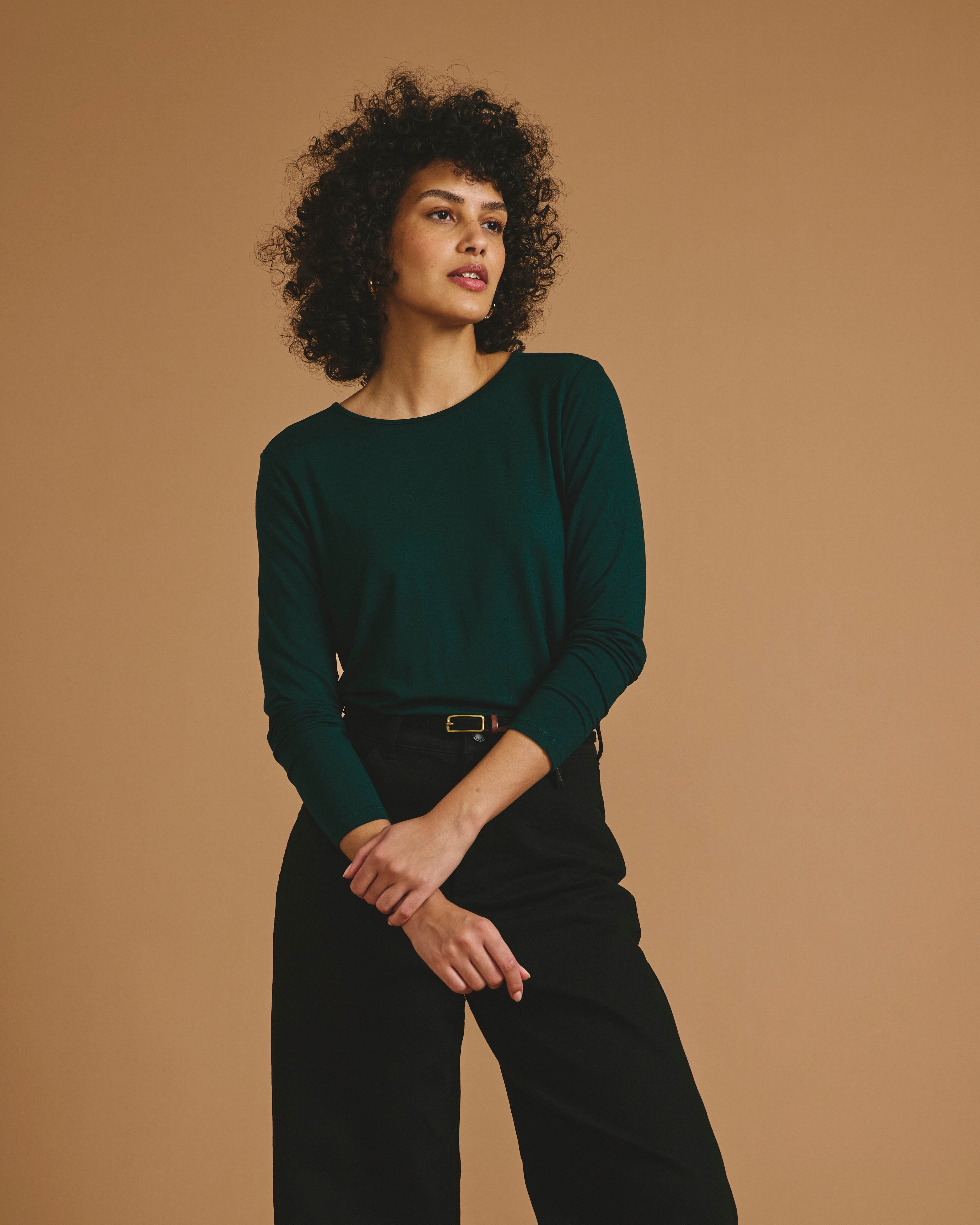 Joan Liquid Jersey Long Sleeve Top - Forest Green