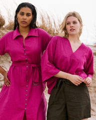 Elio V-Neck Linen Blend Top - Hyper Pink