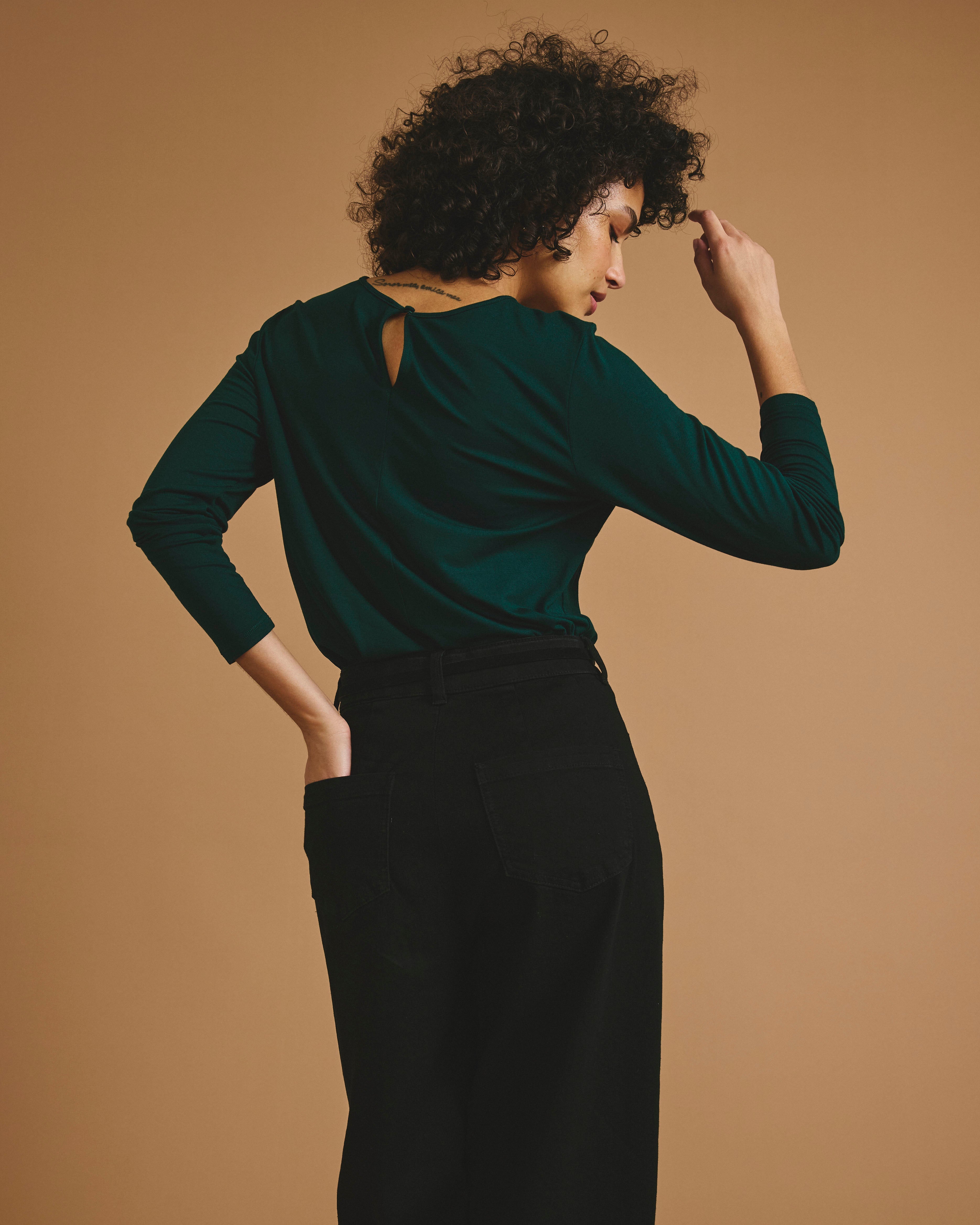 Joan Liquid Jersey Long Sleeve Top - Forest Green