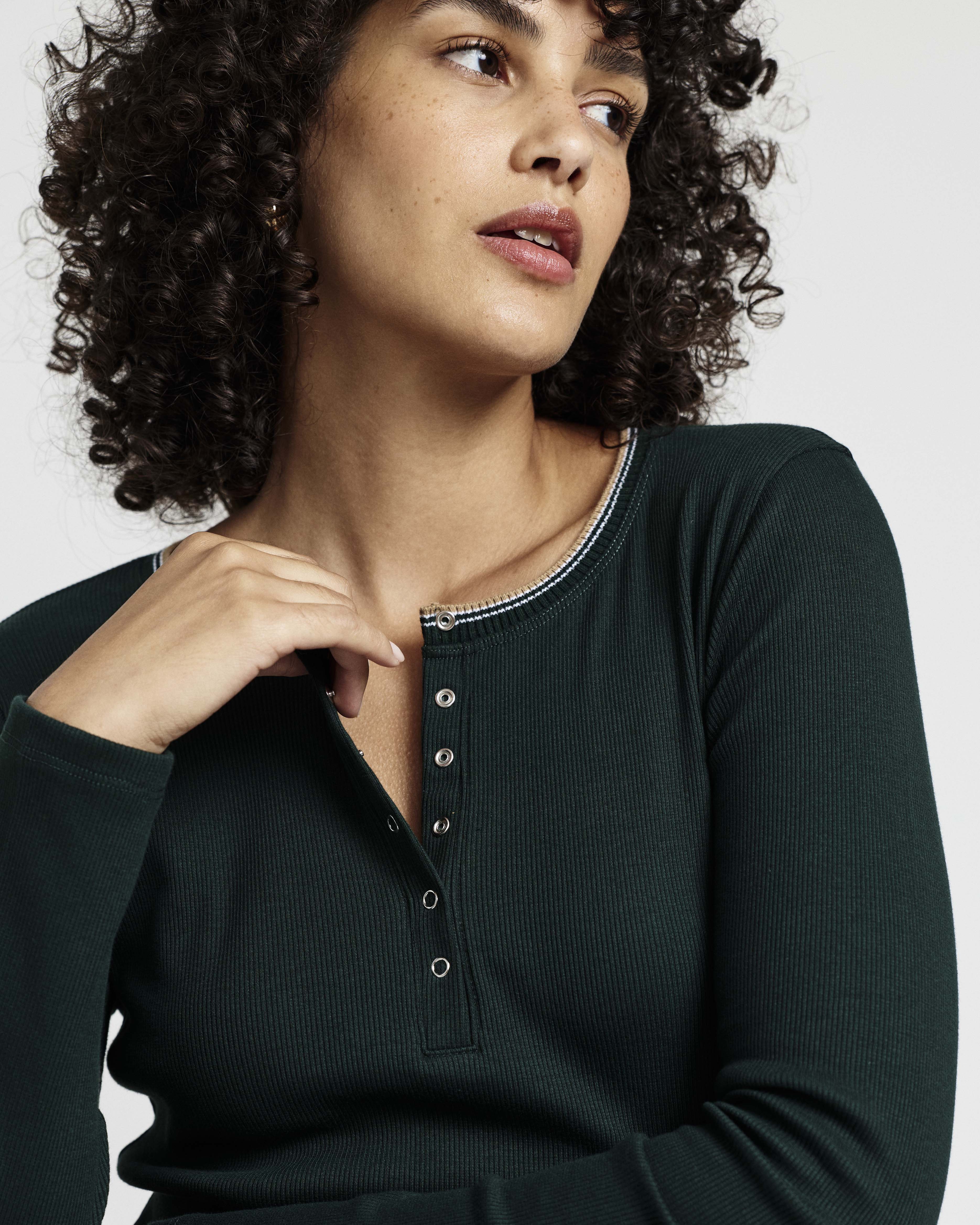 Henley Long Sleeve Ribbed Tee - Forest Green/Striped Trim