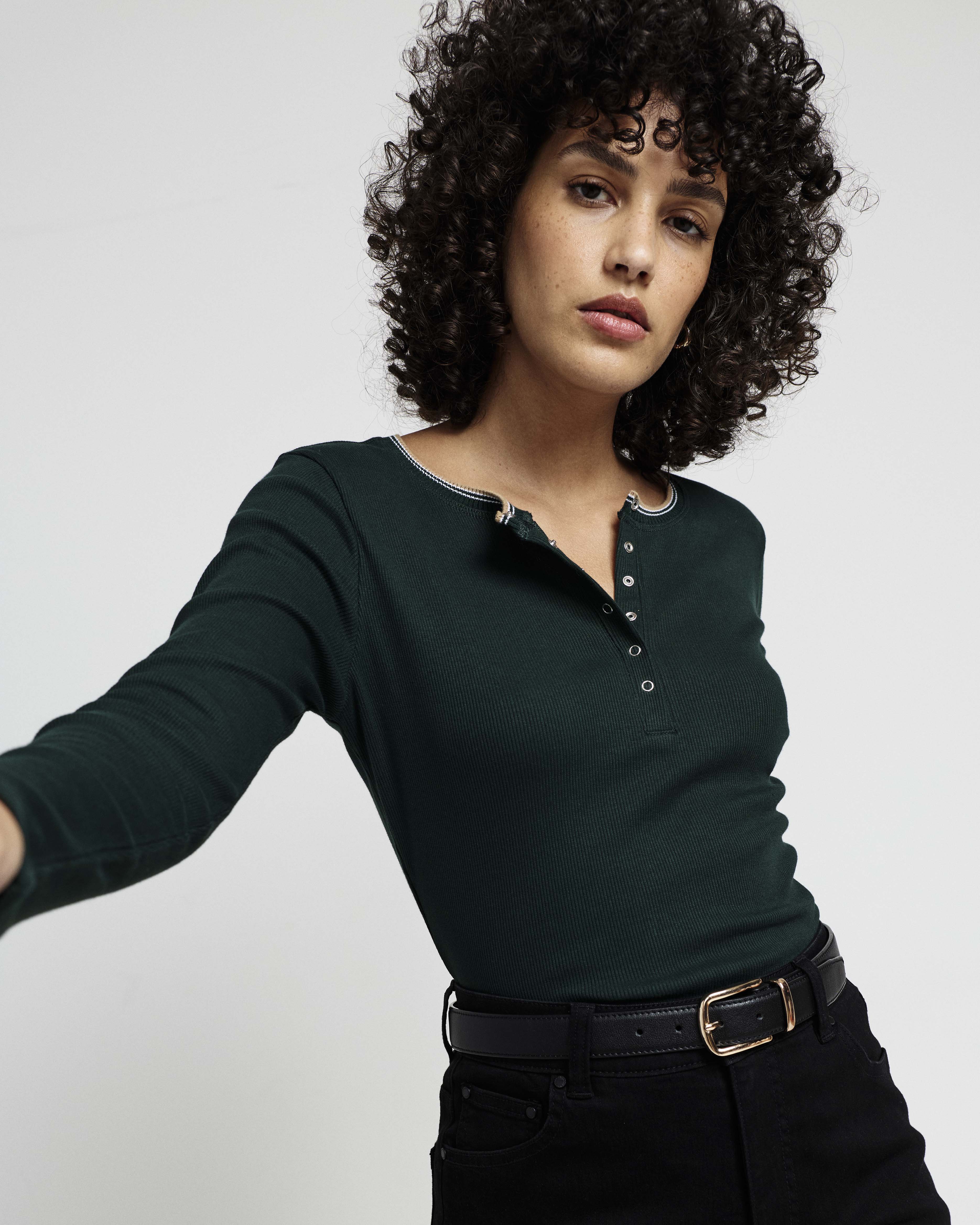 Henley Long Sleeve Ribbed Tee - Forest Green/Striped Trim