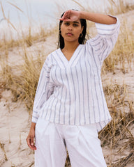 Elio V-Neck Linen Blend Top - Mayfair Stripe