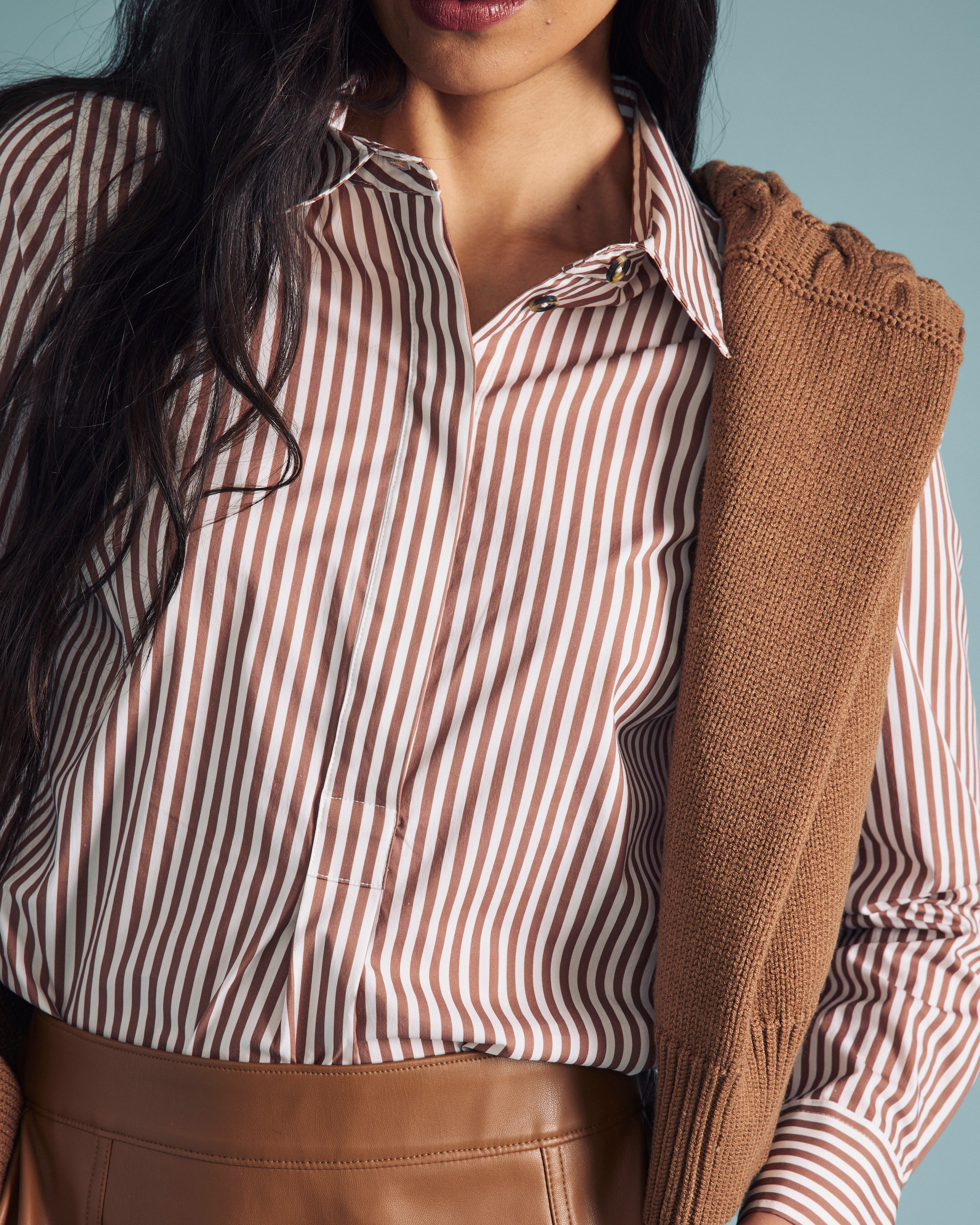 Elbe Popover Stretch Poplin Shirt Classic Fit - Allspice/White Stripe