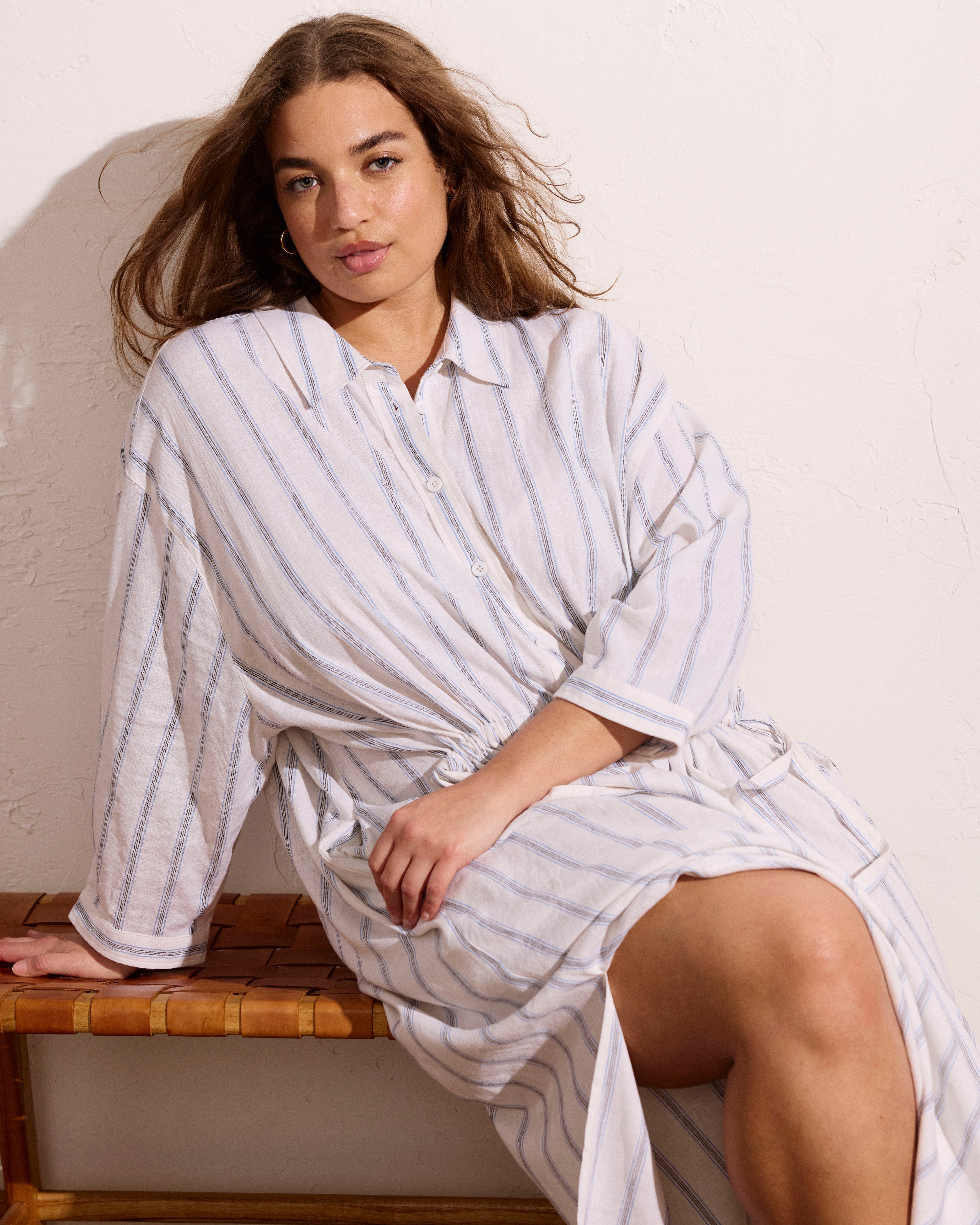 Paros Drawstring Linen Blend Shirtdress - Mayfair Stripe