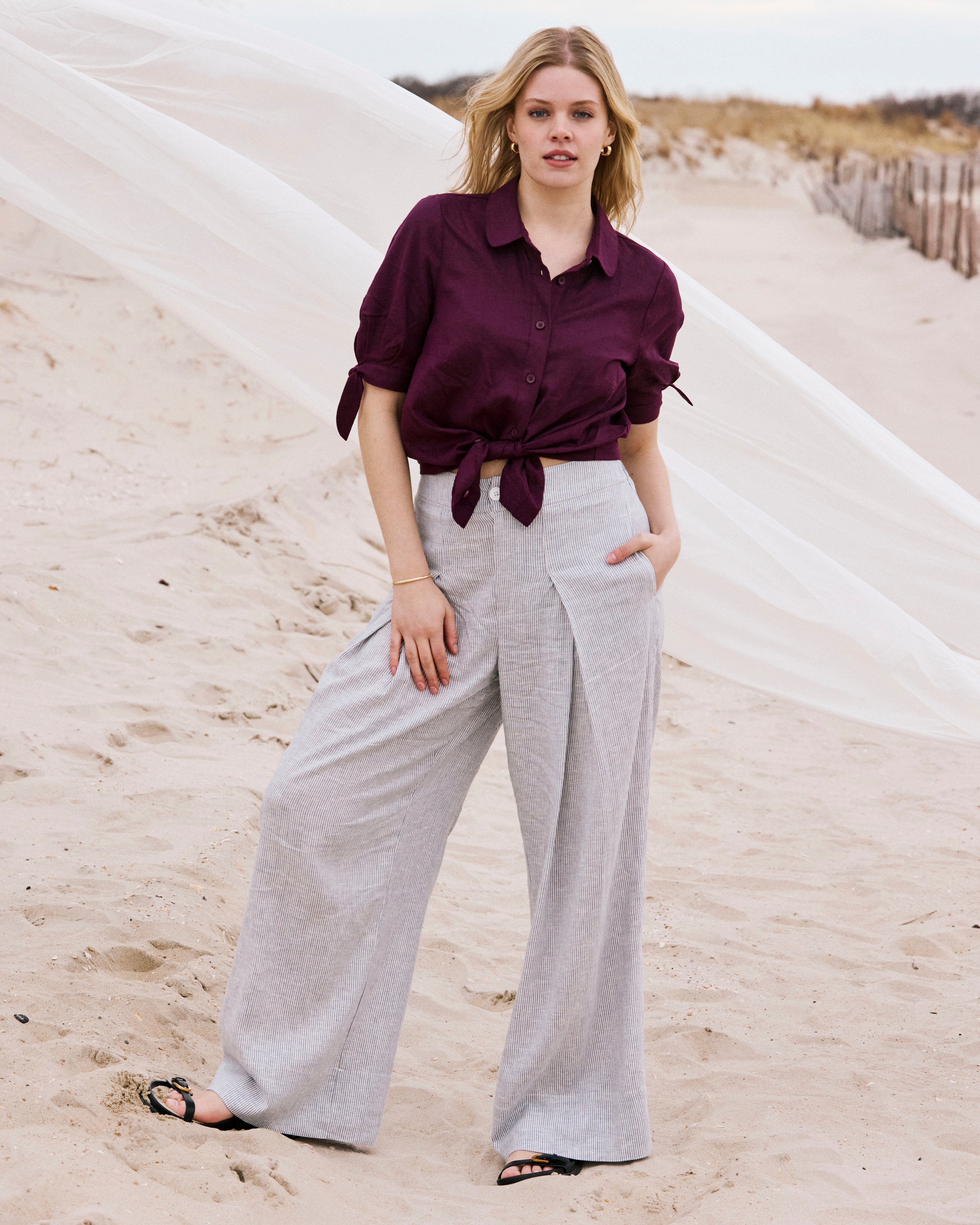 Marley Wide Leg Linen Blend Pants - Beach Stripe