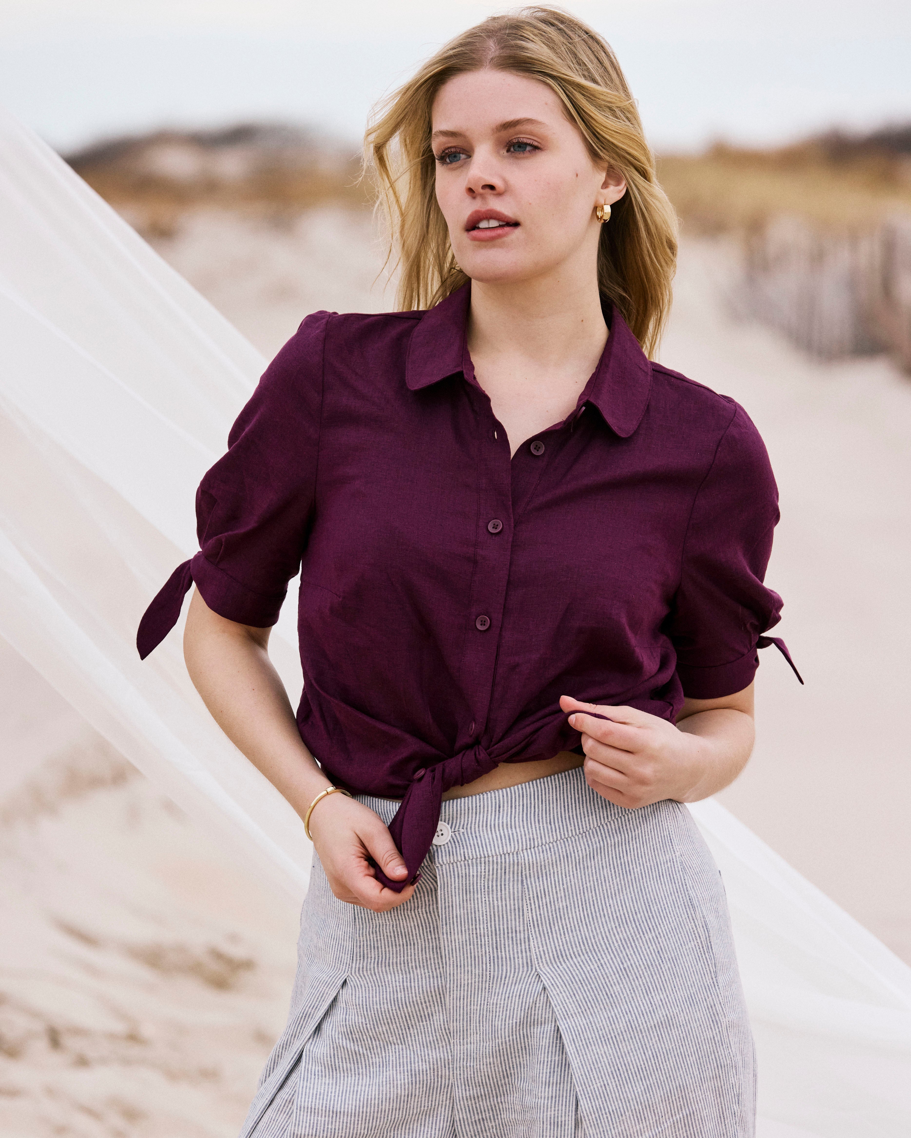 Luisa Short Sleeve Linen Blend Shirt - Acai
