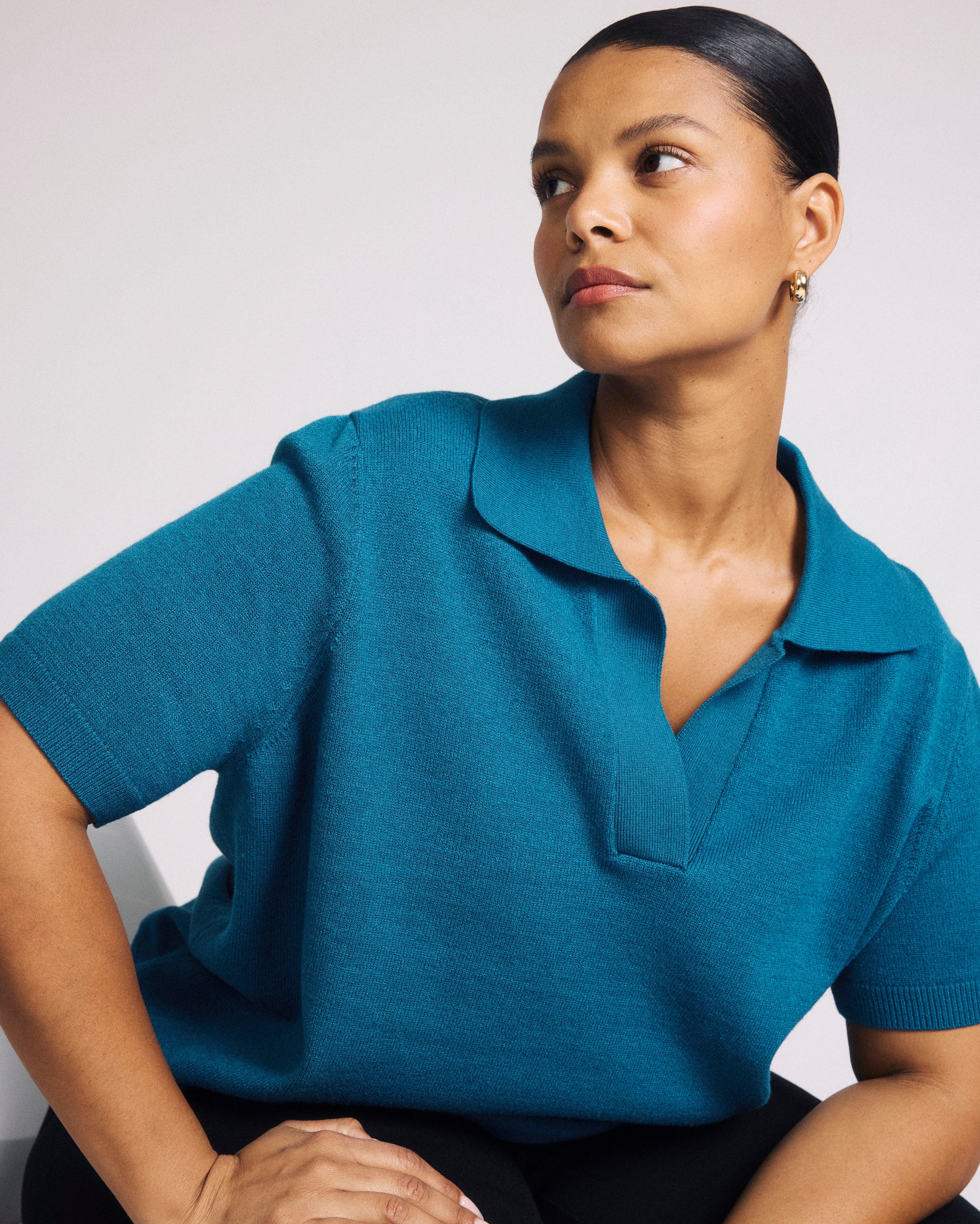 Savvy Fine Knit Short Sleeve Polo Sweater - Blue Beetle