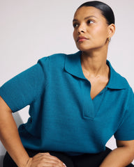 Savvy Fine Knit Short Sleeve Polo Sweater - Blue Beetle