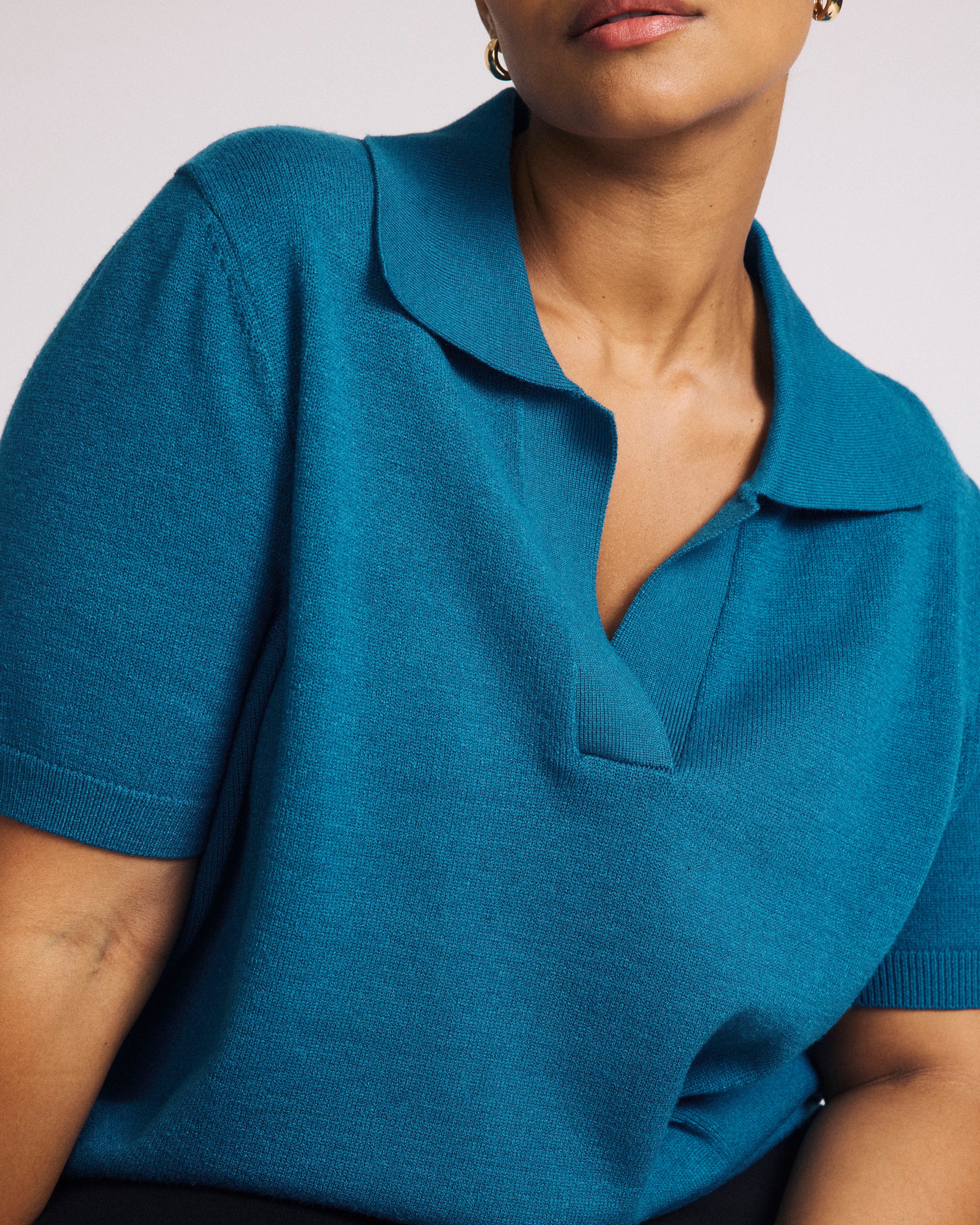 Savvy Fine Knit Short Sleeve Polo Sweater - Blue Beetle