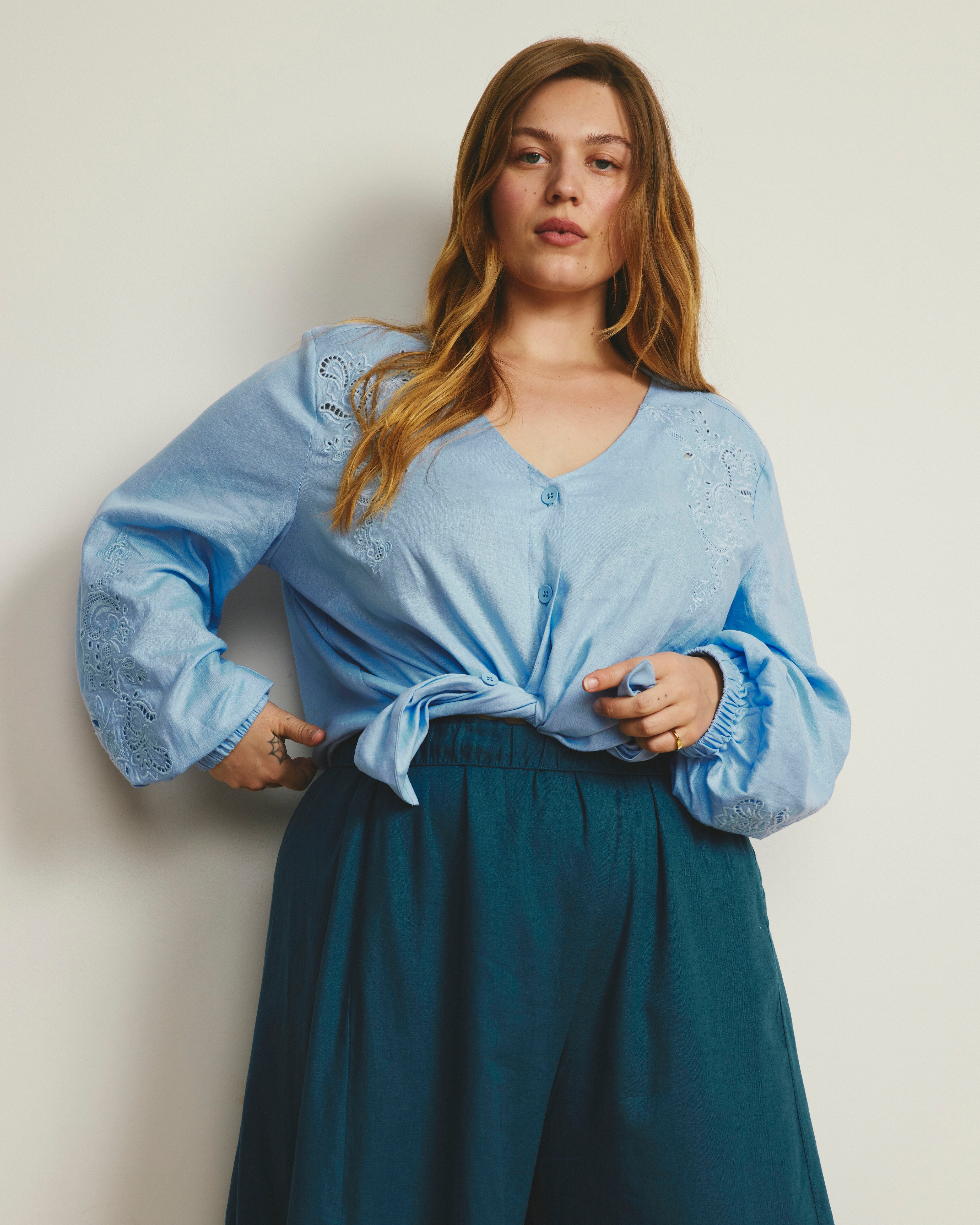 Frances Embroidered Linen Blend Blouse - Cielo Blue
