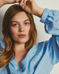 Frances Embroidered Linen Blend Blouse - Cielo Blue