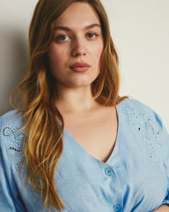 Frances Embroidered Linen Blend Blouse - Cielo Blue