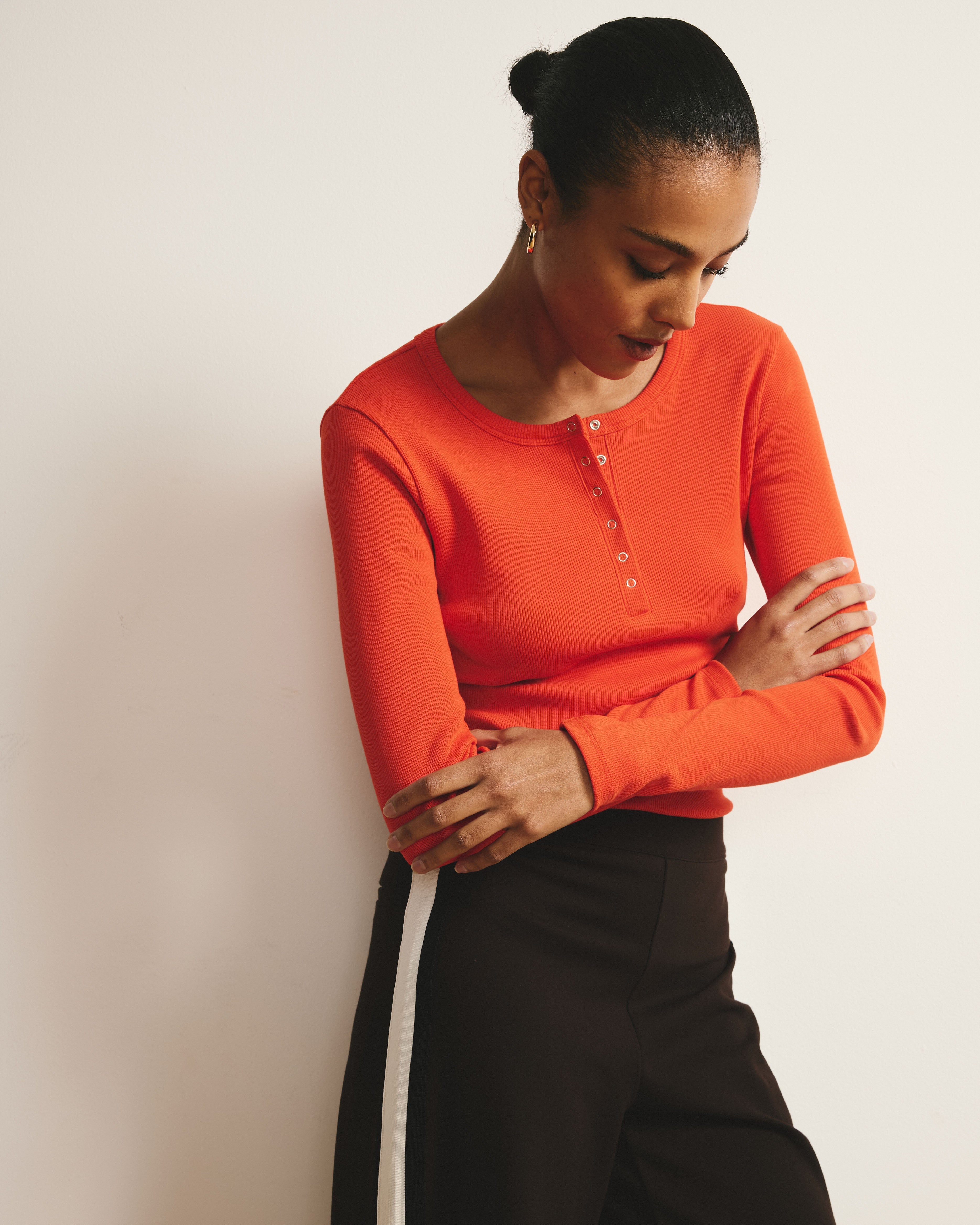 Henley Long Sleeve Ribbed Tee - Poppy