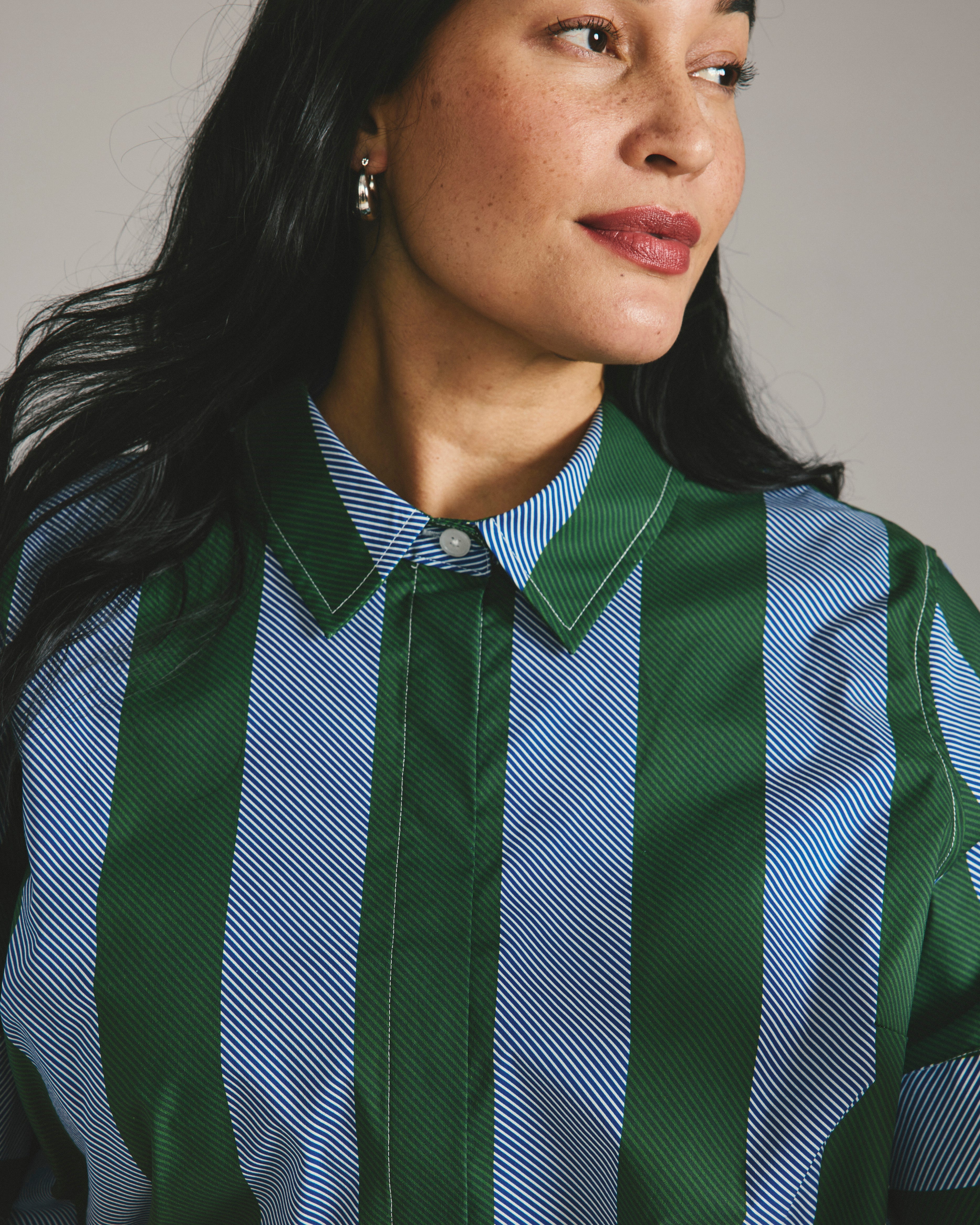Elbe Stretch Poplin Short Sleeve Shirt - Green/Blue Directional Stripe