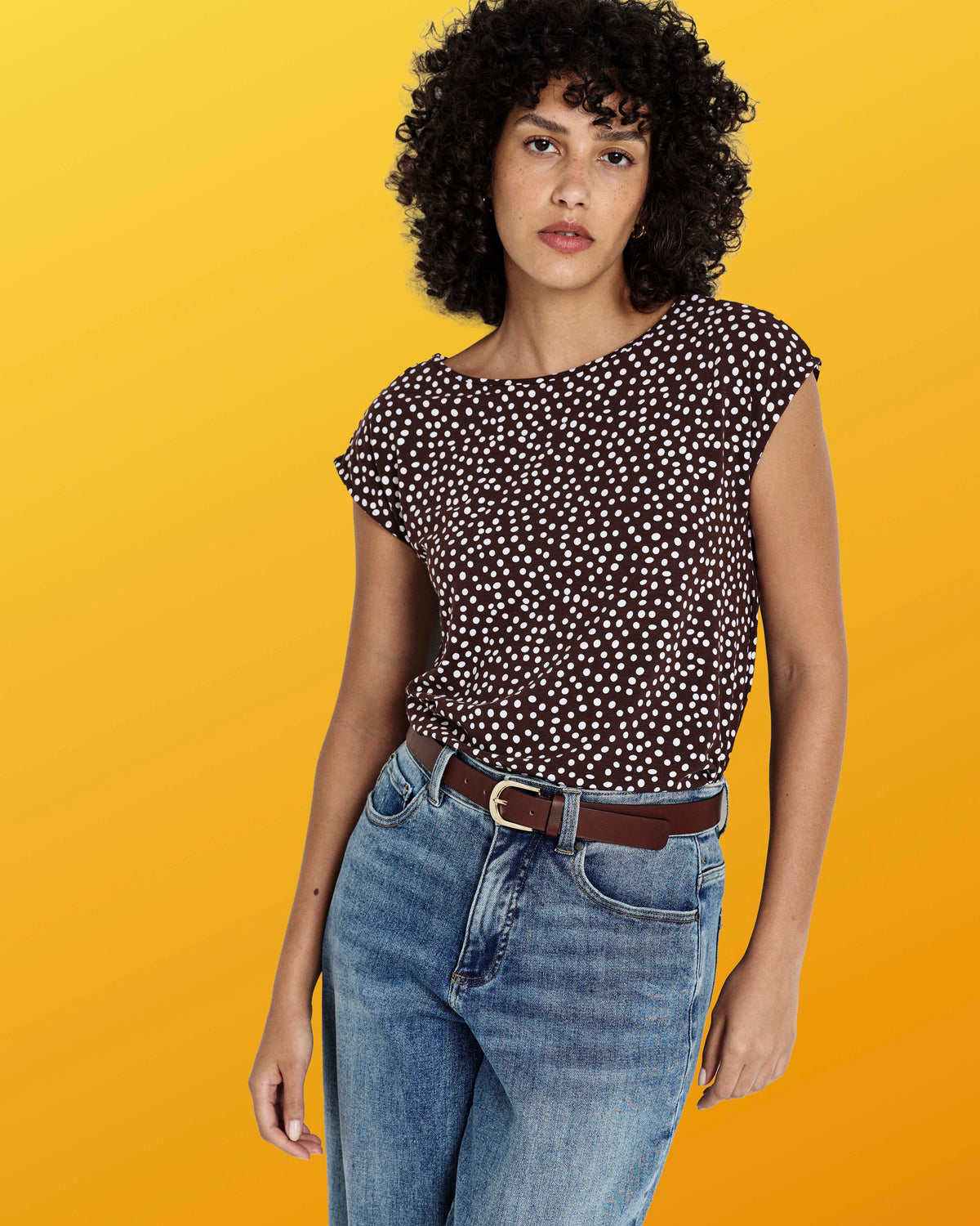 Heatwave Divine Jersey Flared Top - Brown/White Dot Print